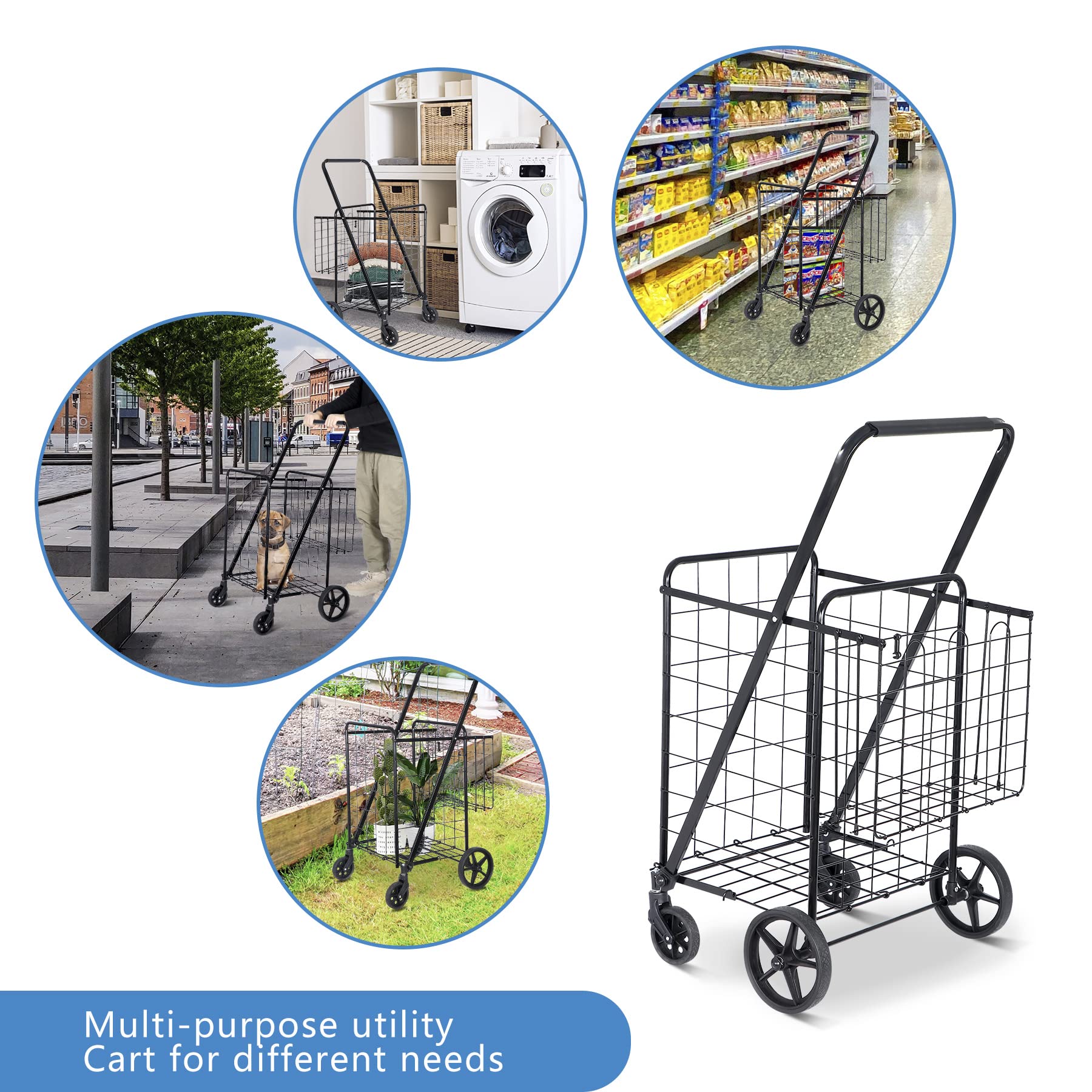 Foldable Shopping Cart with Wheels - Double Basket Grocery Cart for Laundry, Books, Luggage & Travel - Heavy Duty & Portable - Ideal for Grocery Shopping, College Dorms, Beach Trips & Airport Use (Black)