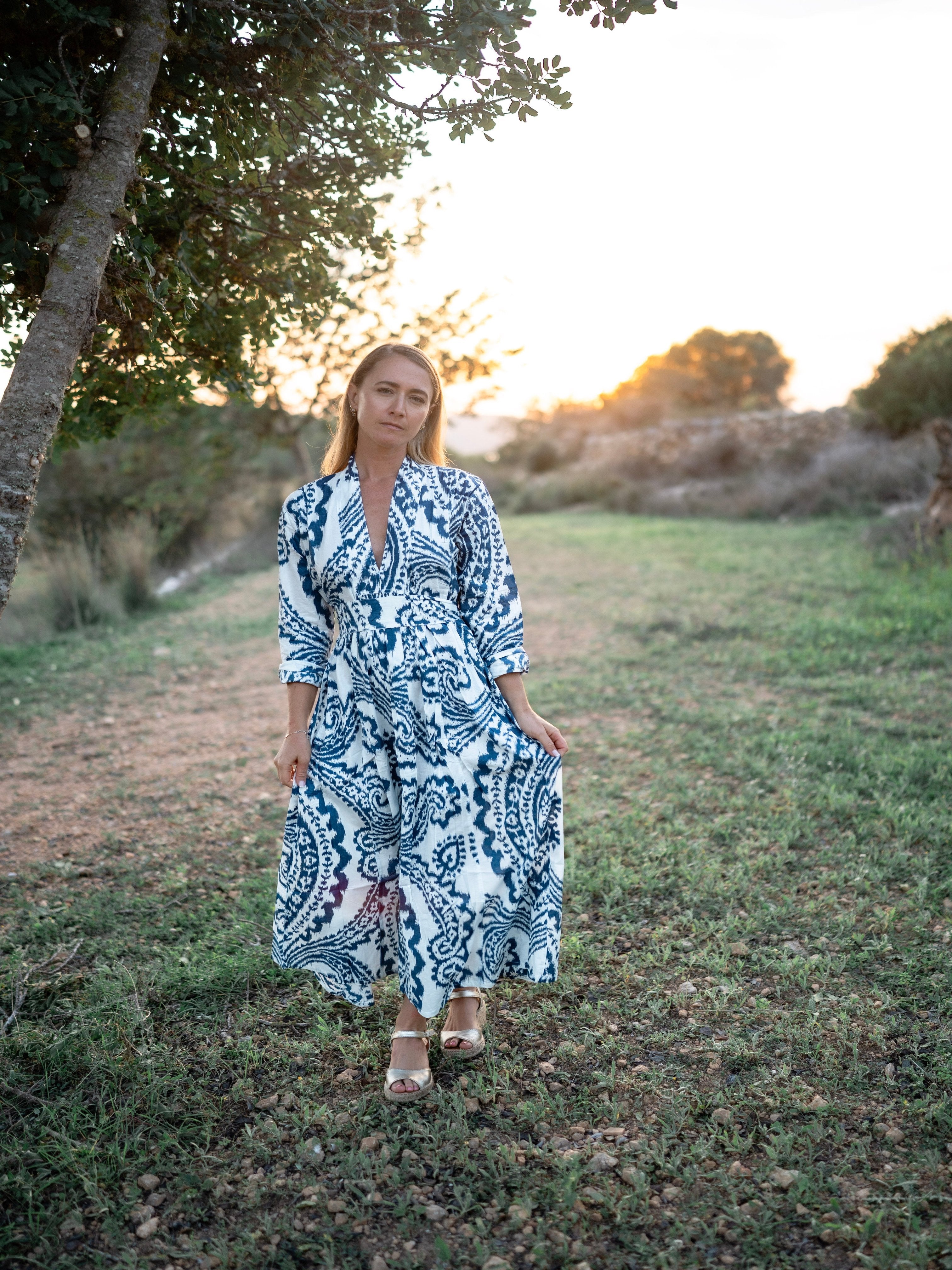 Stylish Ikat Blue Dress for Women | Boho Chic Floral Print Maxi Dress | Perfect for Summer, Beach, and Casual Outings