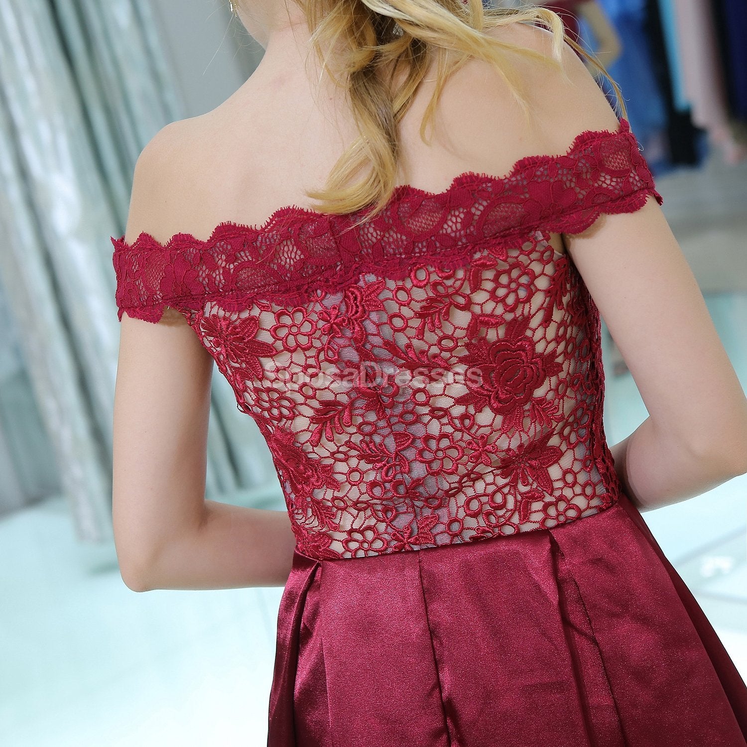 Burgundy Lace Off Shoulder Homecoming Dress - Elegant Short Prom Dress for Women (Style CM813) | Perfect for Parties, Dances & Special Occasions