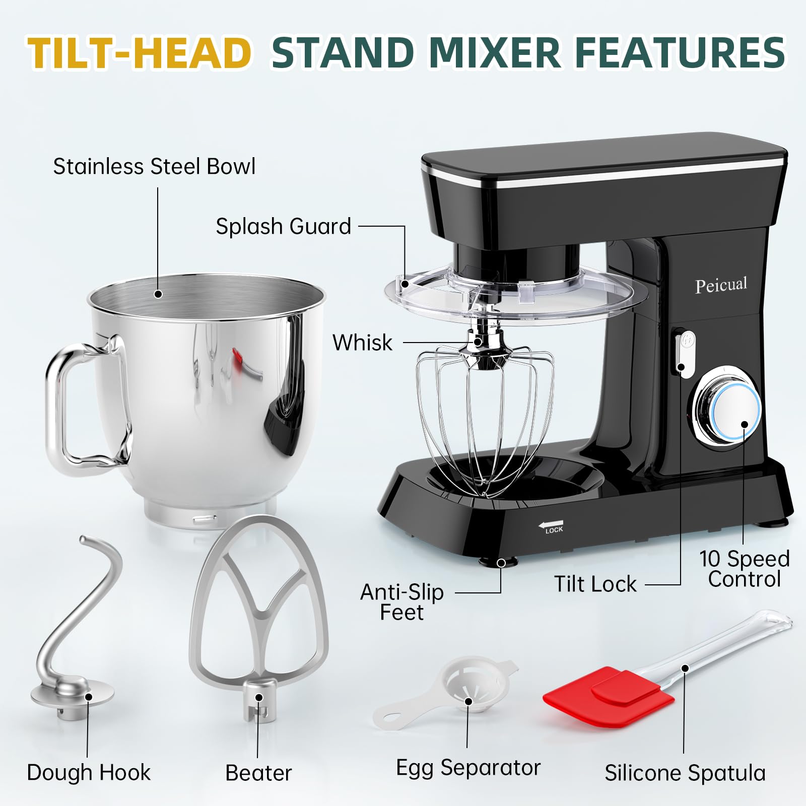 6QT Stand Mixer, 10-Speed Tilt-Head Electric Kitchen Mixer with Stainless Steel Bowl, Dough Hook, Flat Beater & Wire Whisk - Perfect for Baking, Whipping Cream & Kneading Dough - Black
