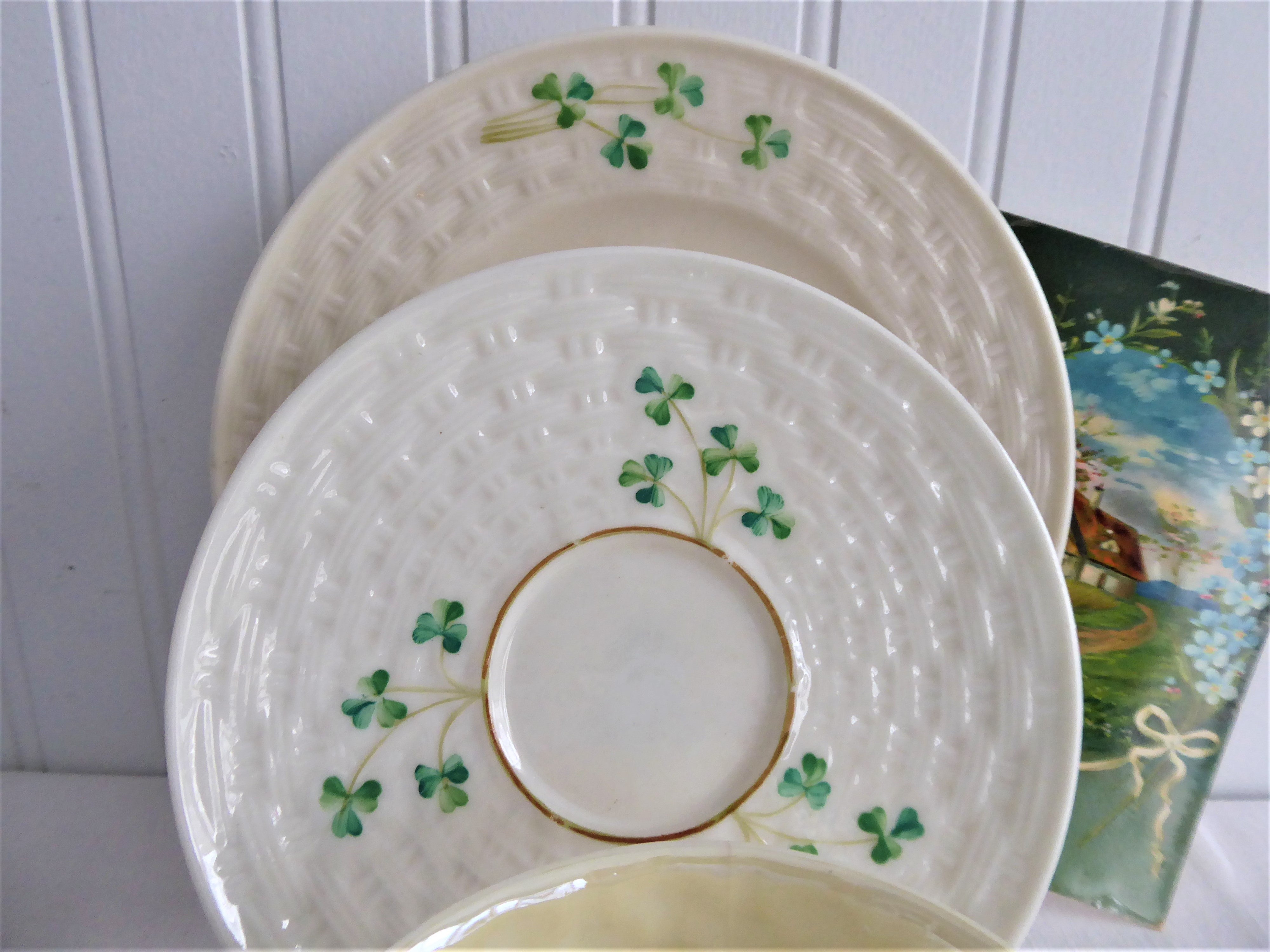 Vintage Irish Belleek Teacup Trio Set - Handcrafted Basket Weave Design with Shamrocks (1950s 4th Green Mark) - Perfect for Afternoon Tea, Collectible Irish Porcelain, Wedding Gift