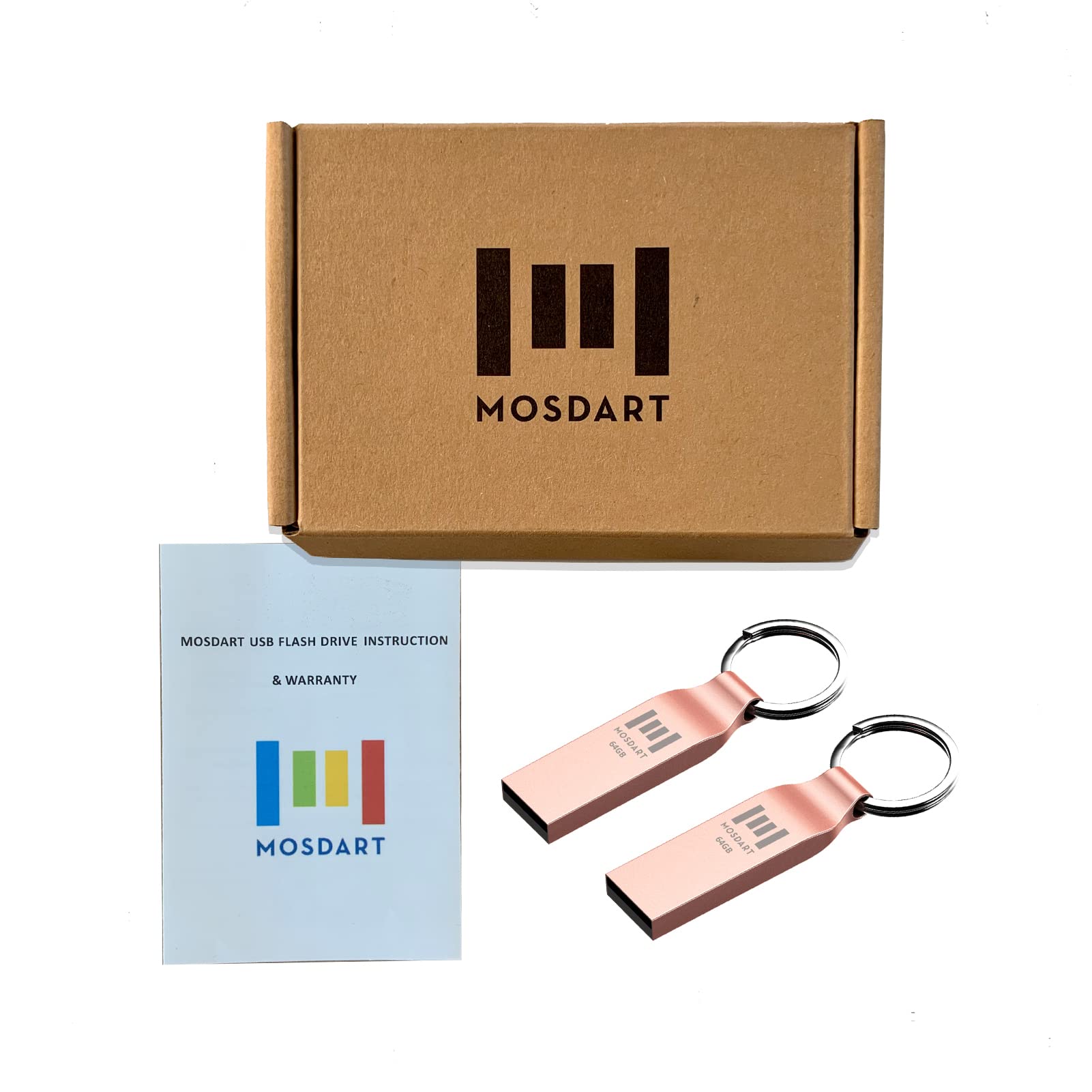 MOSDART 64GB Waterproof USB 2.0 Flash Drive - Metal Memory Stick with Keychain, exFAT Format for Windows/Mac, Rose Gold (2 Pack) - Perfect for System Backup, Data Storage & File Transfer at Home, Office or School