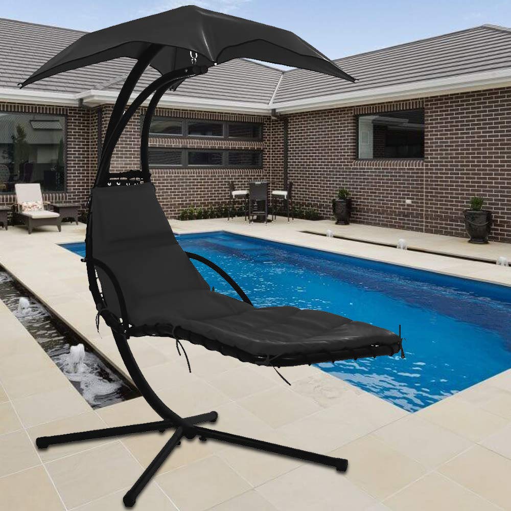 Outdoor Hanging Hammock Chair with Stand & Canopy - 280LBS Capacity Heavy Duty Patio Swing for Backyard, Garden, Deck - Includes Pillow for Ultimate Relaxation | Perfect for Lounging, Reading & Sunbathing
