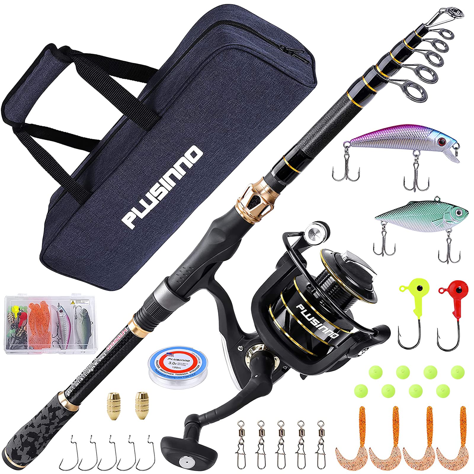 PLUSINNO Telescopic Fishing Rod and Reel Combo Kit with Spinning Reel - Lightweight Portable Fishing Pole with Carrier Bag for Freshwater & Saltwater Fishing - Perfect Gift for Men & Women - Ideal for Camping, Travel and Outdoor Adventures