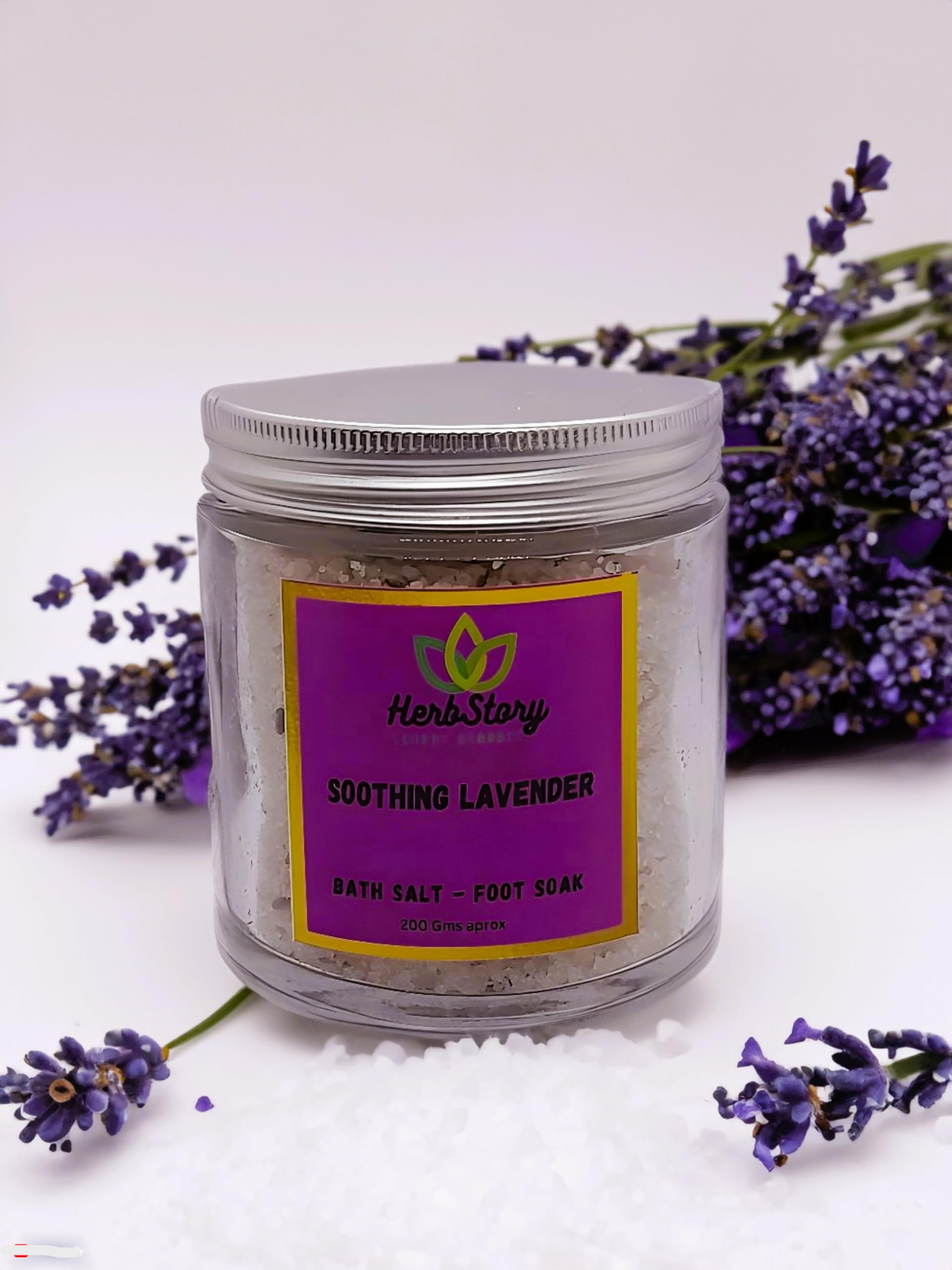Herbstory Lavender Bath Salt 200g - Natural Relaxing Body & Foot Spa with Himalayan Pink Salt & Essential Oils | Aromatherapy for Stress Relief, Pain Relief & Detox | Perfect for Home Spa, Self-Care & Gift Giving