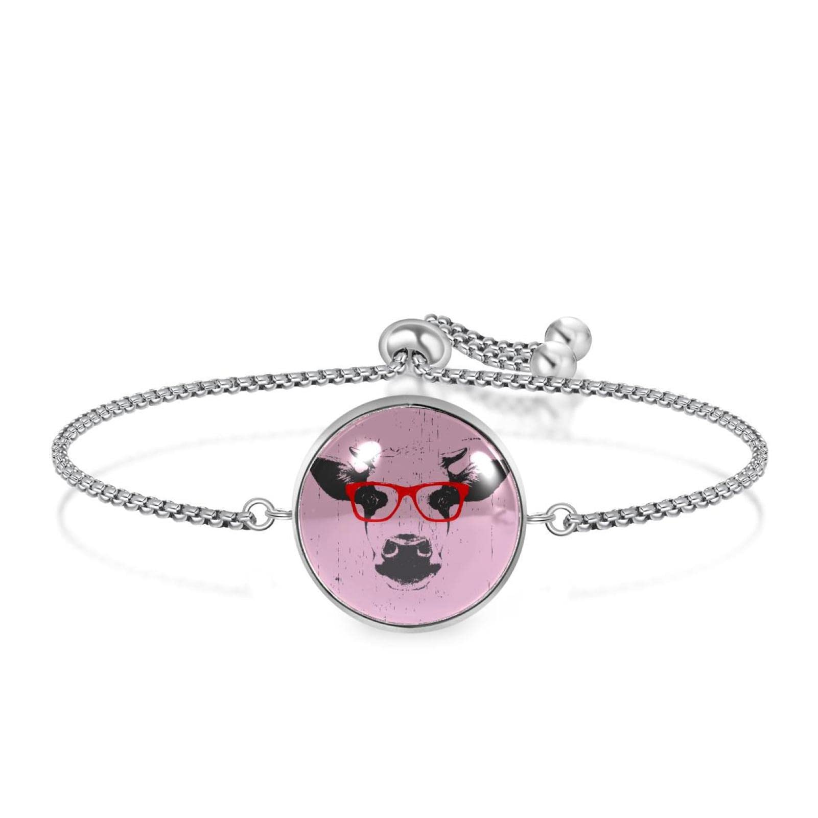 Adjustable Chain Bracelet for Women - Fashion Jewelry with Cow & Red Glasses Charm - Perfect Birthday, Christmas Gift for Friends - Great for Casual Wear, Office Accessories & Gift Giving