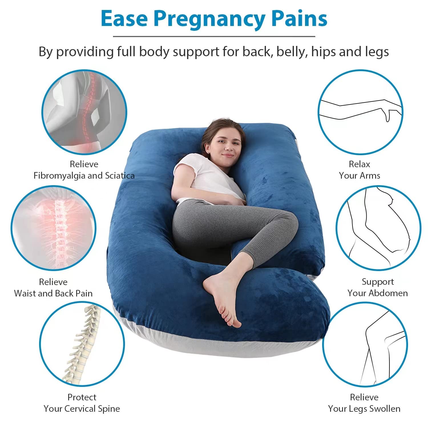 U-Shaped Full Body Pregnancy Pillow with Velvet Cover - Maternity Support Pillow for Pregnant Women (57 Inch, Blue & Grey) - Ideal for Side Sleeping, Back Pain Relief & Comfort During Pregnancy
