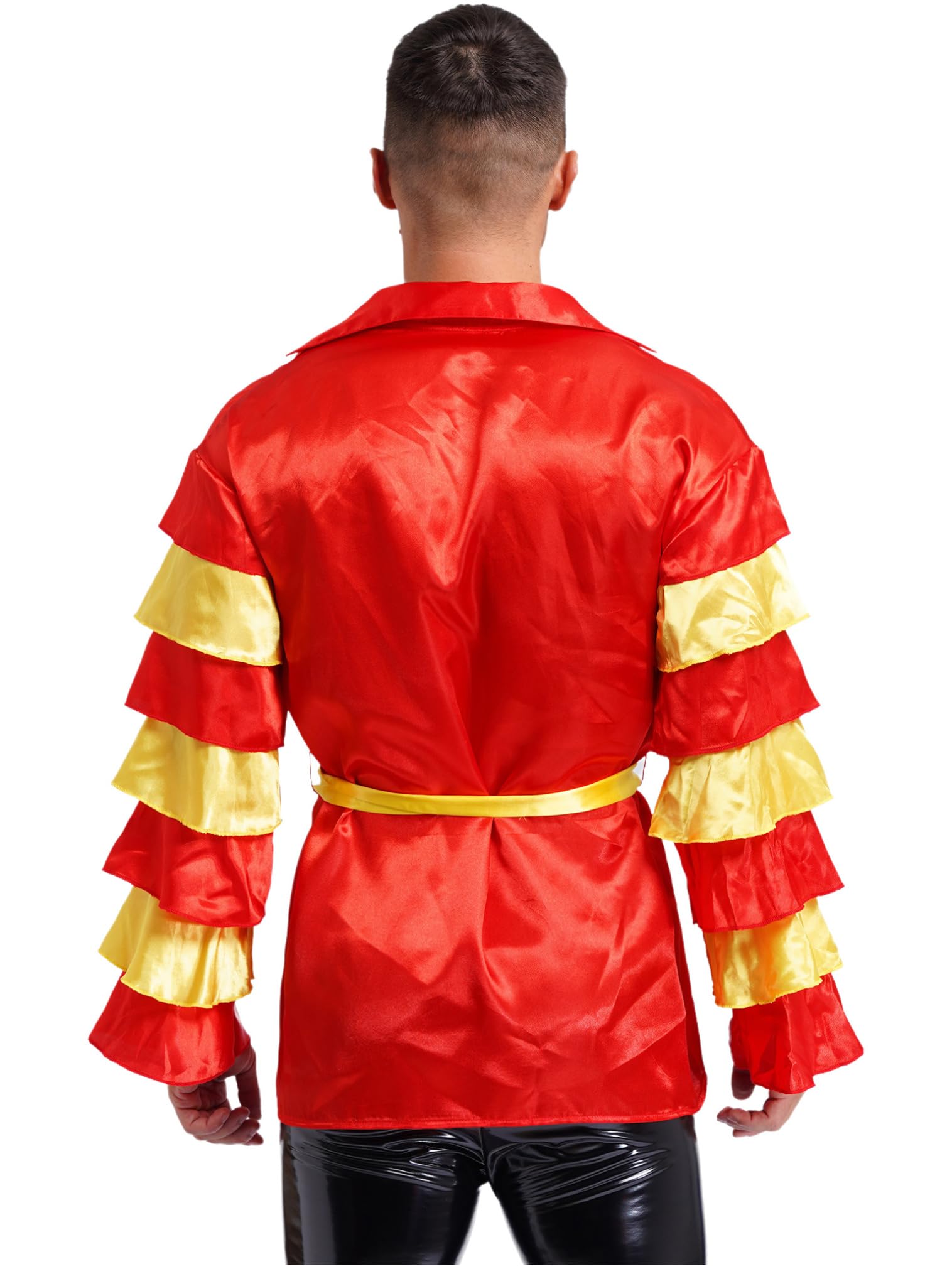 FEESHOW Men's Dance Shirts with Tiered Flare Sleeves & Belt - Rumba Samba Salsa Performance Top | Latin Ballroom Dance Costume for Stage Shows & Competitions