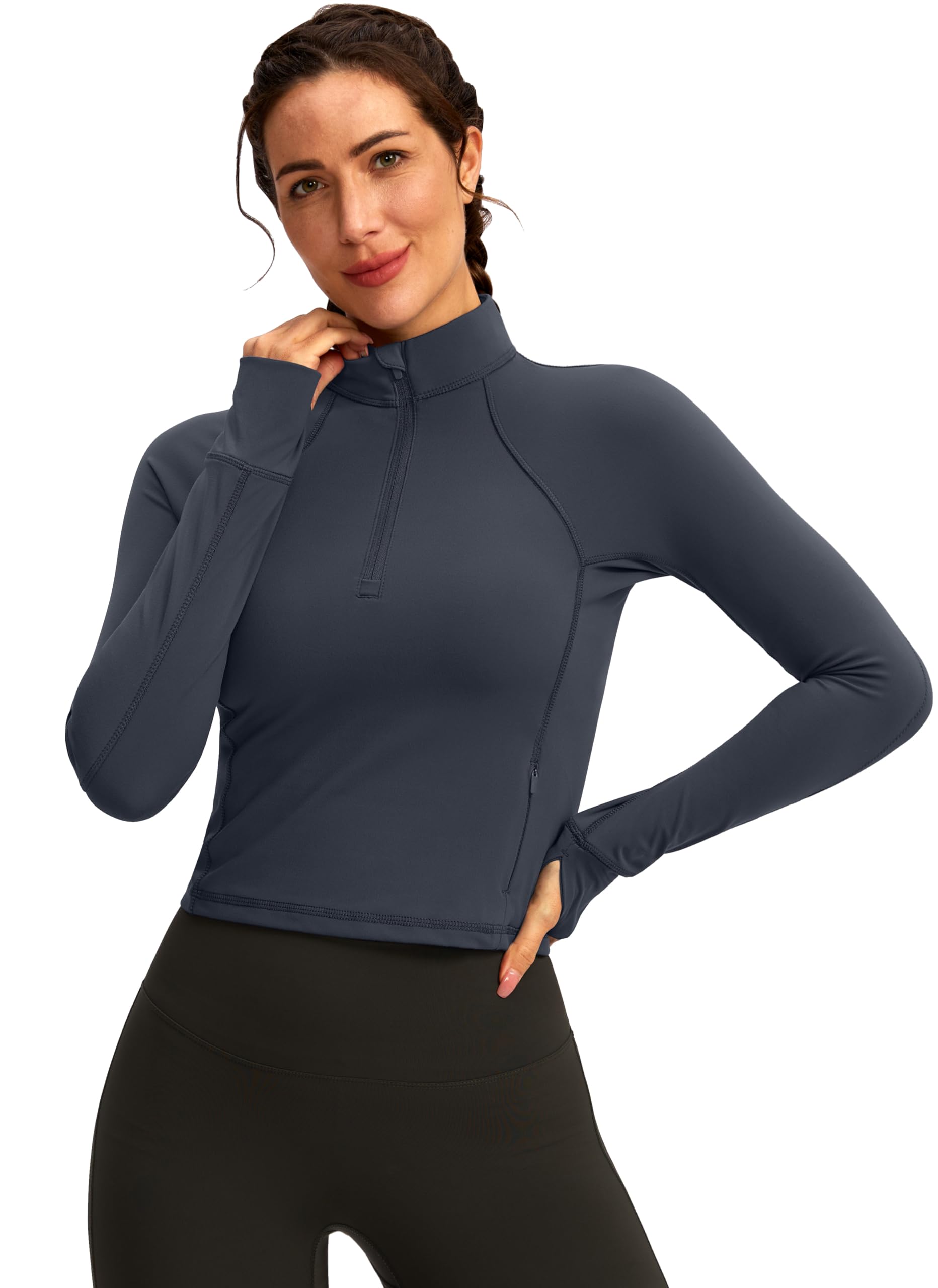 Soothfeel Women's Long Sleeve Half Zip Workout Top - Cropped Yoga Shirt with Pocket for Running, Gym & Athletic Wear | Perfect for Yoga, Pilates & Outdoor Activities