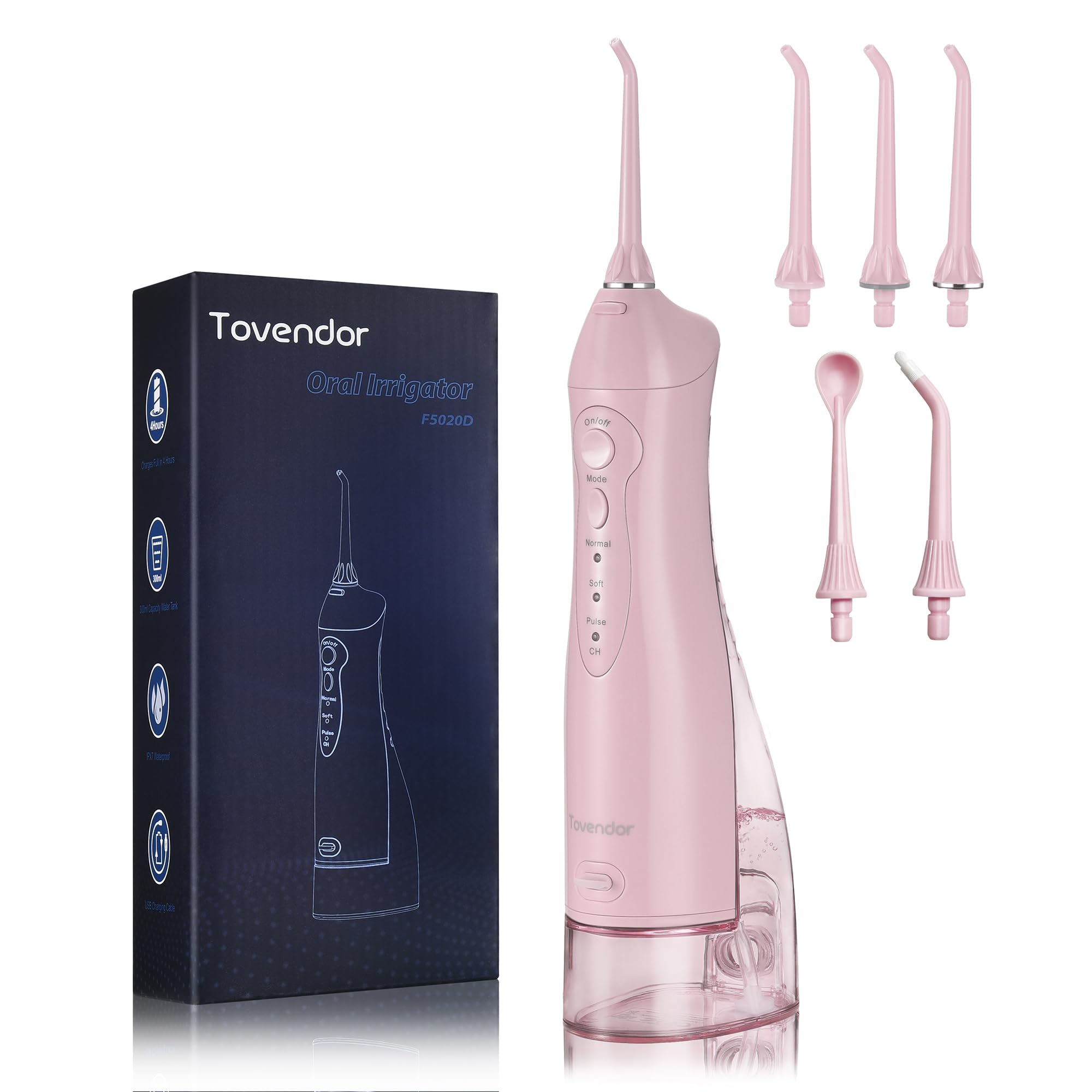 TOVENDOR Cordless Water Dental Flosser - 300ML Rechargeable Oral Irrigator with 5 Nozzle Tips, IPX7 Waterproof for Teeth Cleaning, Braces Care & Gum Health | Portable Travel Water Flosser for Home & Office Use