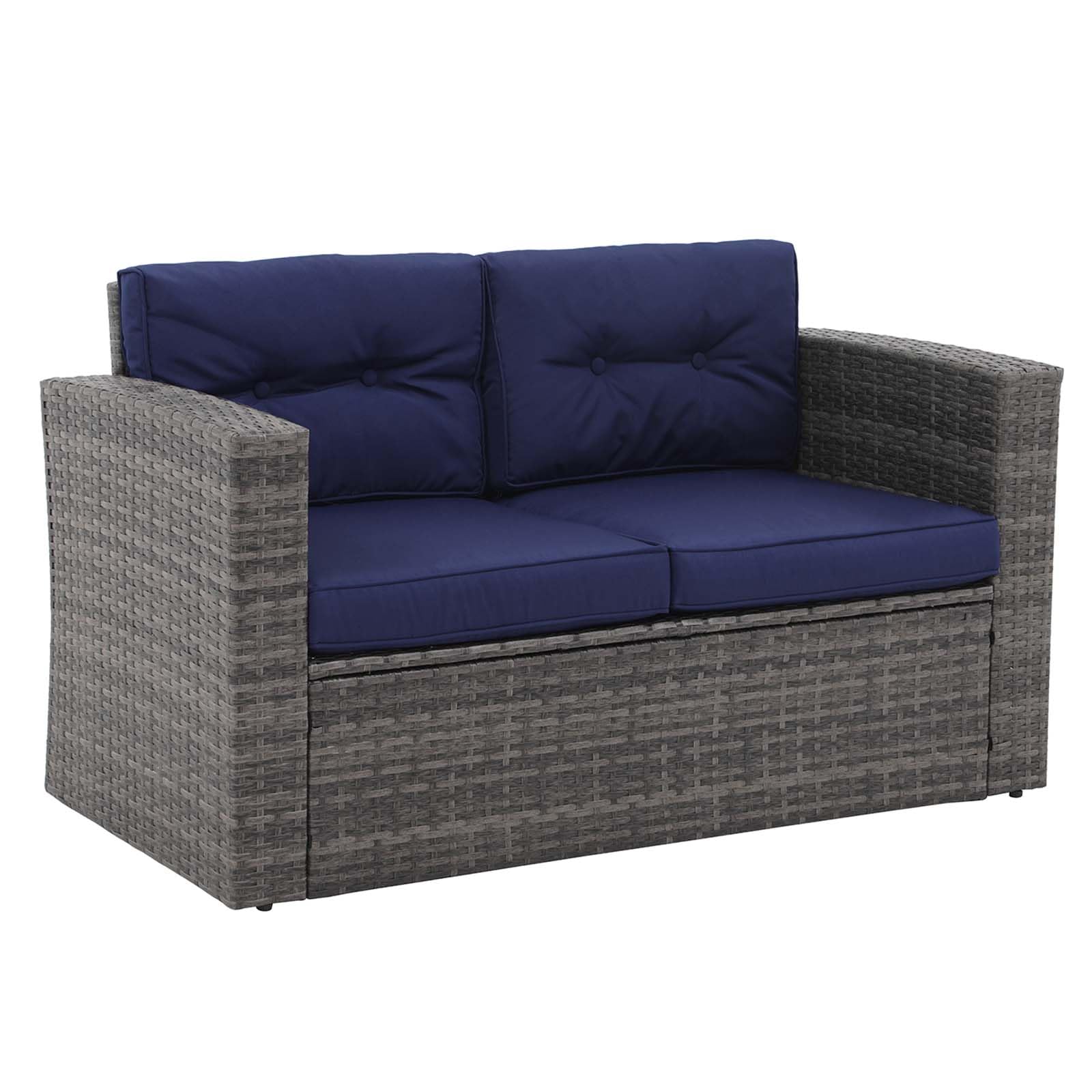 Premium Outdoor Wicker Loveseat Sofa Set - 2-Seater Rattan Patio Furniture with Weather-Resistant Cushions - Navy Blue - Perfect for Balcony, Porch, Deck, Garden & Backyard Relaxation