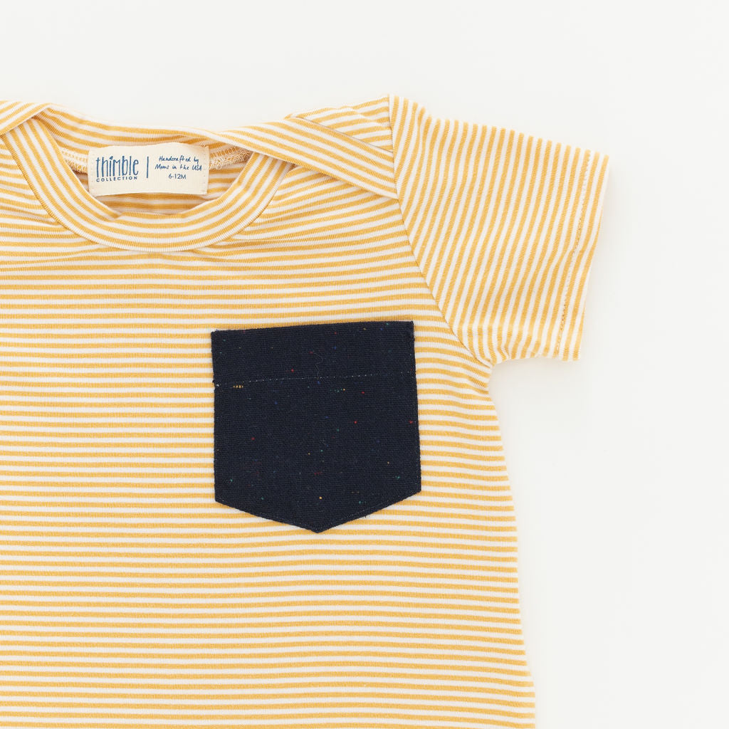 Stylish Bamboo Shortall in Buttercup Stripe - Comfortable & Breathable Baby Romper for Summer Outings & Playdates