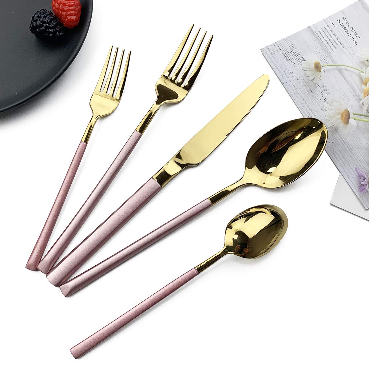 JASHII 5-Piece Modern Silverware Set - 18/10 Stainless Steel Elegant Flatware with Square Edge - Mirror Polished & Dishwasher Safe (Pink Gold) - Perfect for Dining, Gifts & Kitchen Essentials