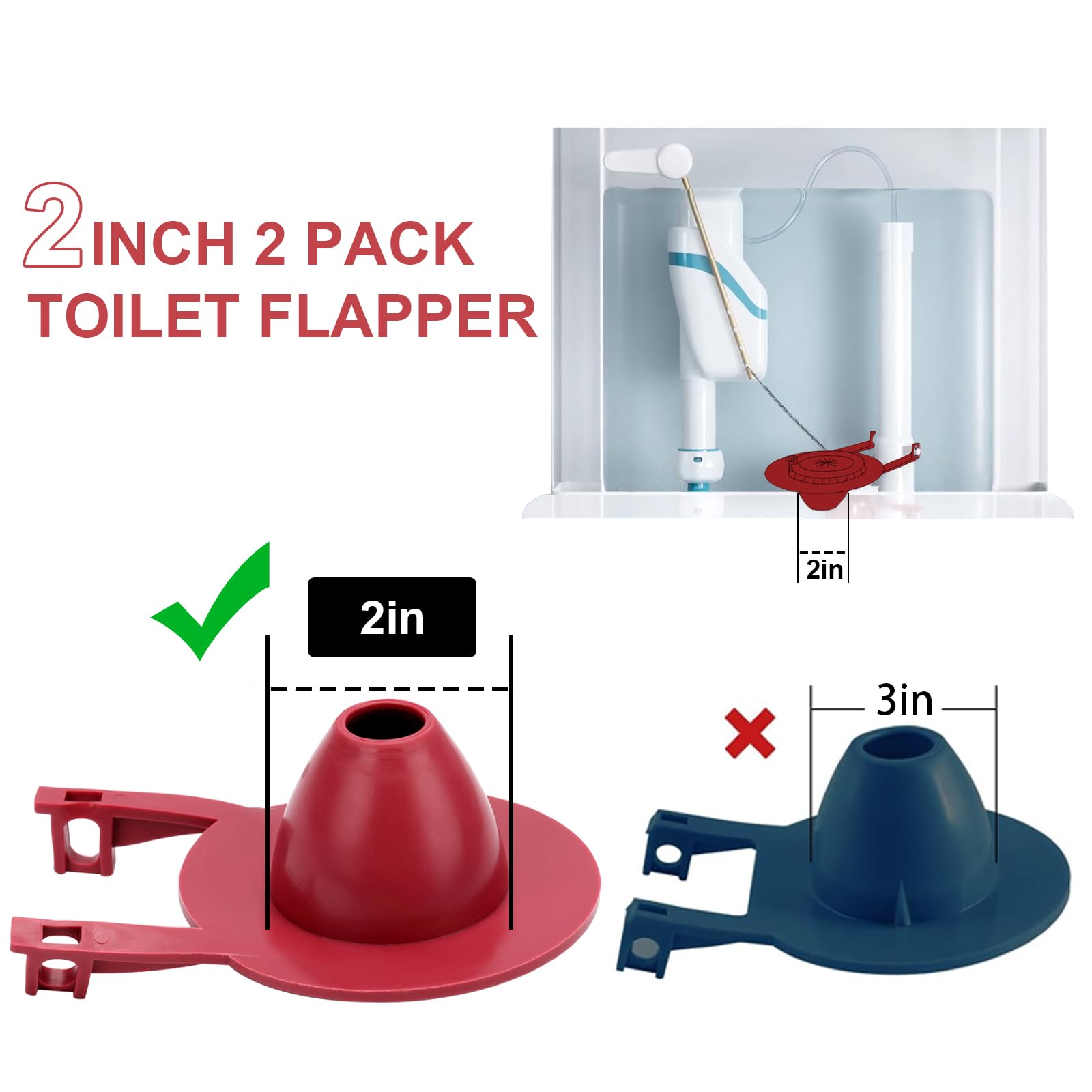 2 Pack Universal 2-Inch Toilet Flapper Replacement Kit - High Performance Toilet Tank Flapper with Stainless Steel Chain & Hook, Durable Rubber Seal, Easy Installation (Red) - Perfect for Leaky Toilets, Home Bathroom Repair & Water Conservation