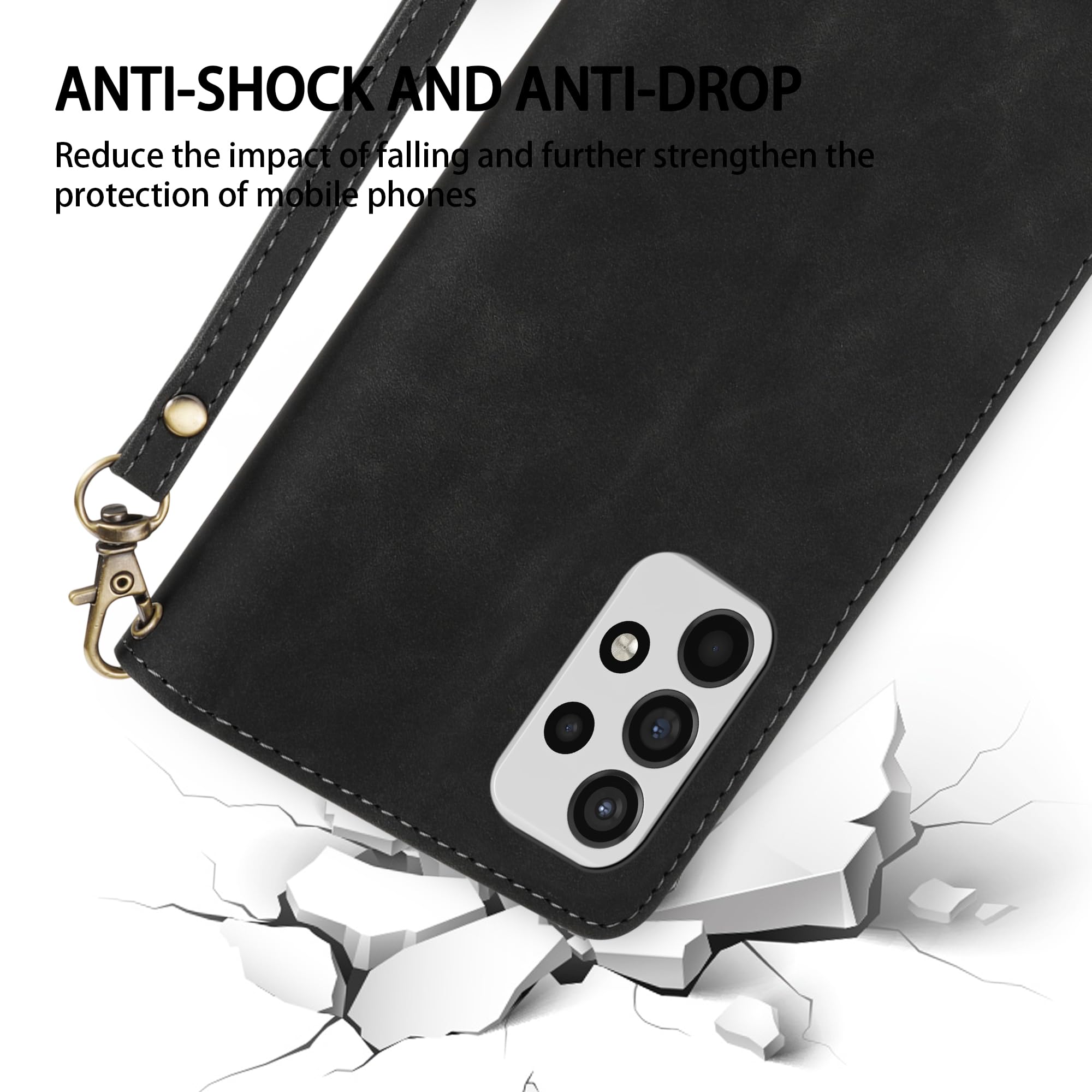 Premium Soft PU Leather Zipper Flip Wallet Case for Samsung Galaxy A52/A52S 5G (6.5 inch) - Card Slots, Wrist Strap & Kickstand | Protective Cover for Daily Use, Travel & Business Meetings (Black)