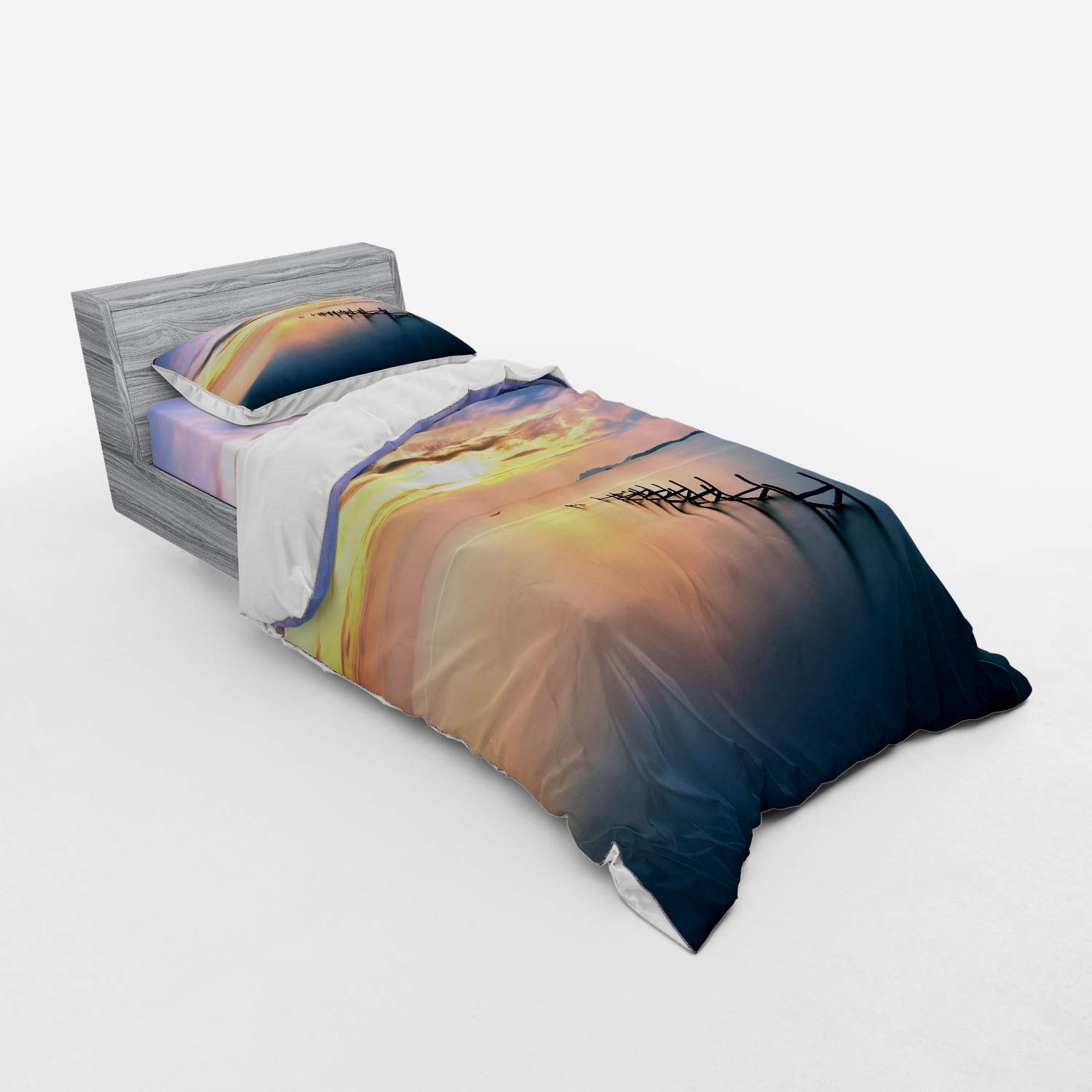 Ambesonne Nature Duvet Cover Set - Sunset at Abandoned Jetty with Smooth Water & Sky Digital Print | 3-Piece Bedding Set with Pillow Sham & Fitted Sheet | Twin XL Size in Marigold Petrol Blue | Perfect for Coastal & Nature-Themed Bedrooms, Guest Rooms & Vacation Homes