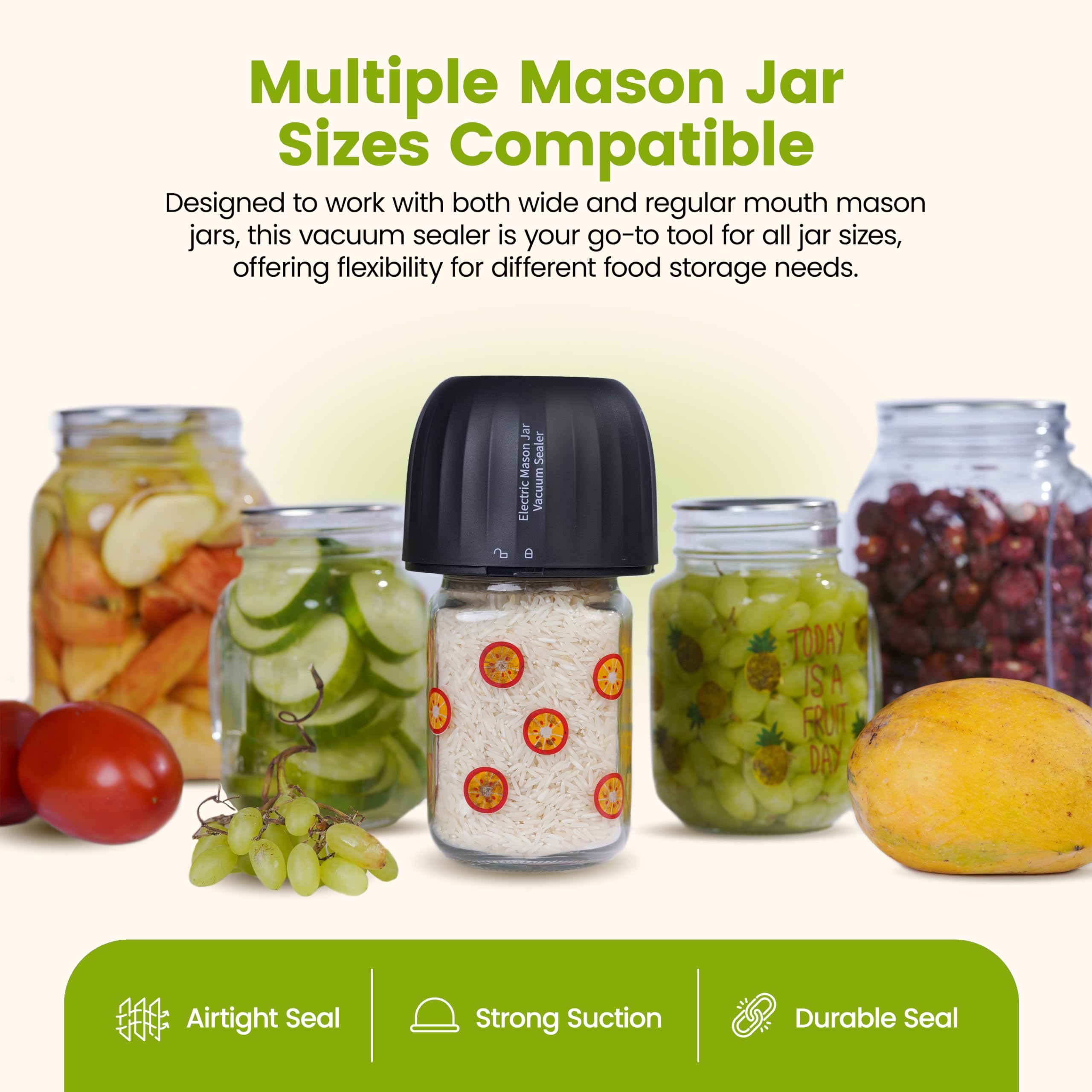3-in-1 Electric Mason Jar Vacuum Sealer Kit - Wide & Regular Mouth Jar Sealer with Auto-Stop, Anti-Slip Grip & Opener - Includes Lids & Vacuum Bags for Food Storage, Meal Prep & Canning - Perfect for Home Kitchen, Camping & Emergency Food Preservation