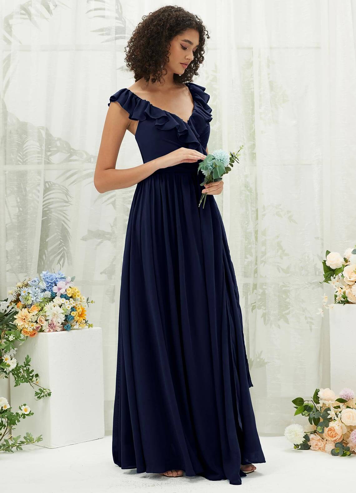 Elegant Dark Navy Chiffon Bridesmaid Dress with Ruffle Cross Straps & V-Neck Wrap Design - Perfect for Weddings, Formal Events & Special Occasions