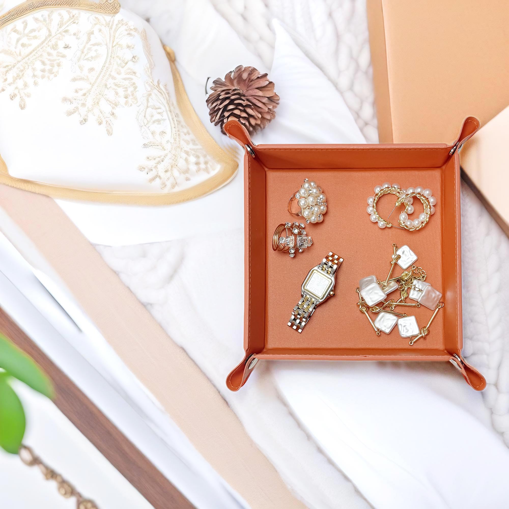 UnionBasic Small Valet Tray - Jewelry Organizer for Rings, Watches & Earrings | Entryway Catchall for Keys, Coins & Change | Nightstand Bedside Organizer | Electronic Gadgets Tray | Orange - Perfect for Home, Office & Travel Accessories Storage