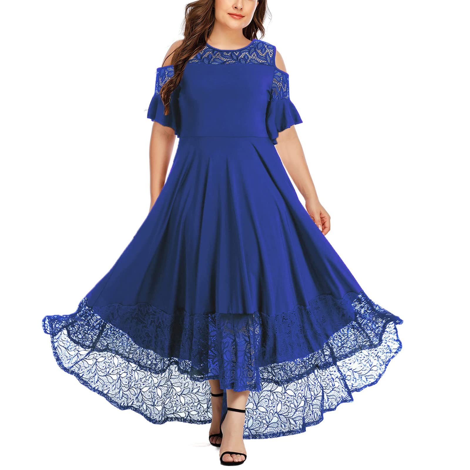 Plus Size Lace Prom Dress 2024 | Cold Shoulder Long Flowy Evening Gown | Floral Embroidered Wedding Guest Maxi Dress for Formal Parties, Dances & Special Occasions