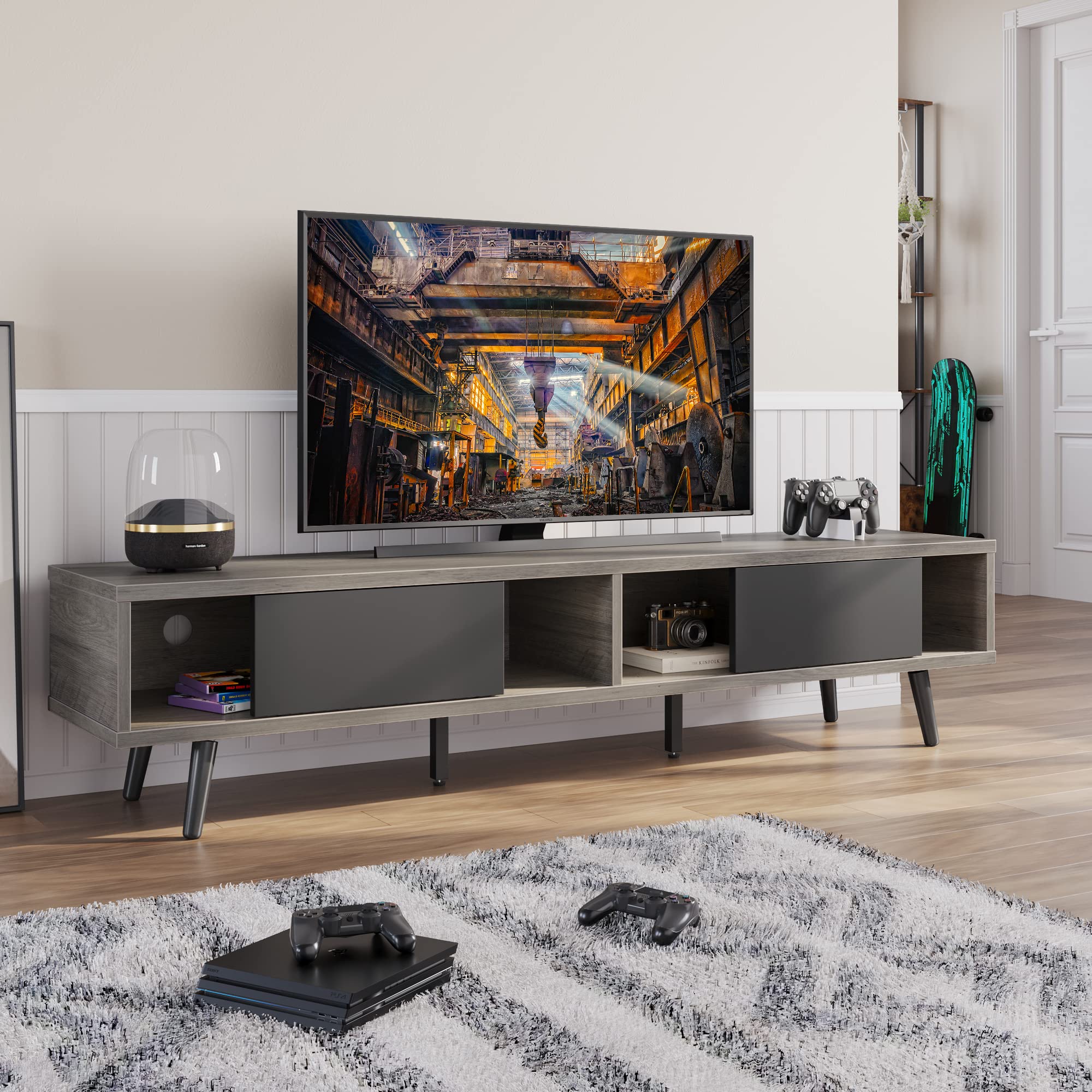 Bestier 70 Inch Modern TV Stand for 75 Inch TVs - Low Profile Entertainment Center with Storage & Cord Management - Gray Wash - Perfect for Living Room, Bedroom & Home Theater Setup