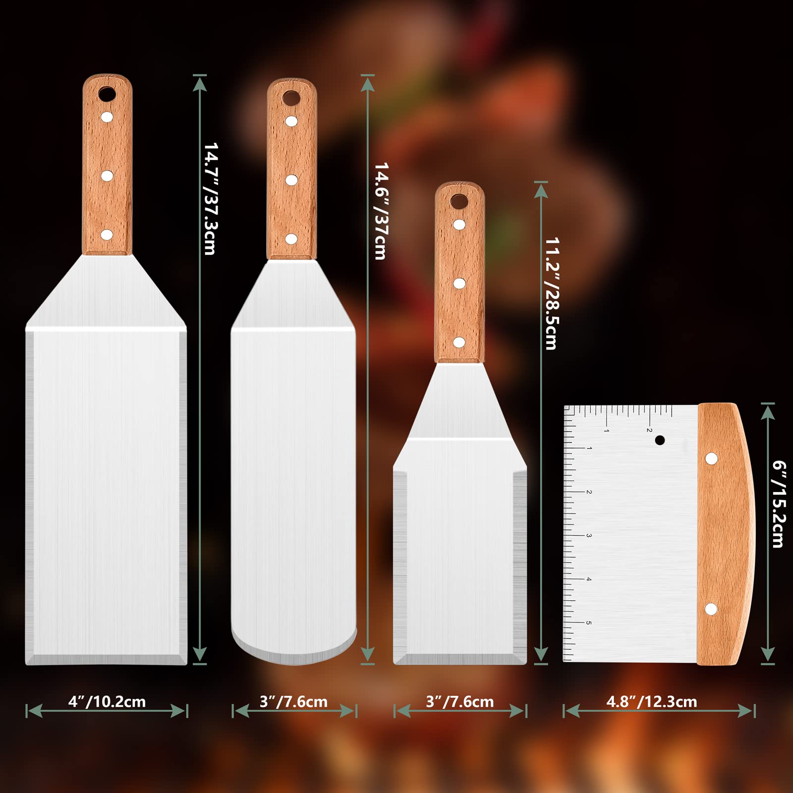 Premium Stainless Steel Spatula Set of 4 - Heavy Duty Metal Griddle Accessories for BBQ, Teppanyaki, Pancakes & Burgers | Grill Spatula, Scraper & Flipper Utensils | Perfect Gift for Home Chefs & Outdoor Cooking Enthusiasts | Ideal for Backyard BBQs, Camping & Kitchen Use
