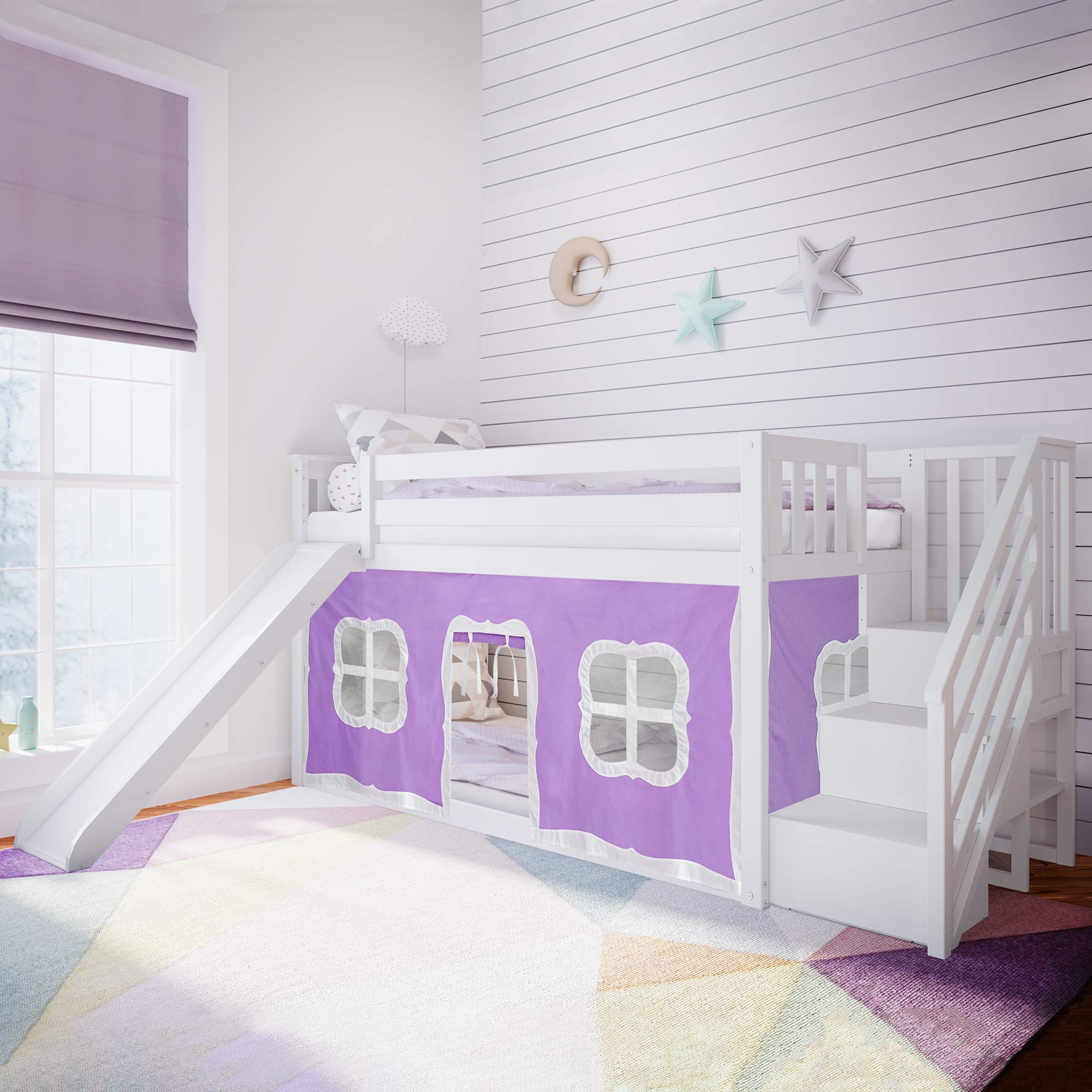 Max & Lily Twin-Over-Twin Low Bunk Bed with Stairs, Slide & Privacy Curtains - Space-Saving Kids Bedroom Furniture for Small Rooms, Sleepovers & Play Areas (White/Purple)