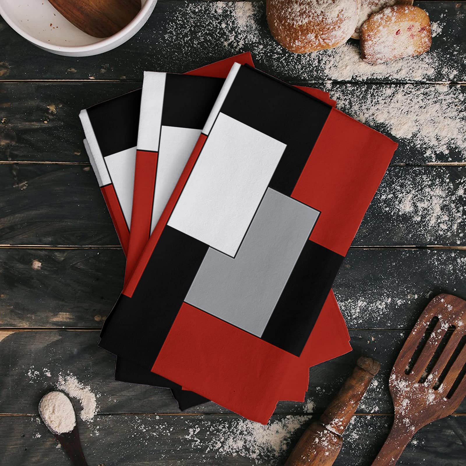 Geo Kitchen Towels Set of 3 - 16x28 Inch Soft Cotton Dish Cloths with Abstract Geometric Pattern in White, Grey, Black & Red - Multipurpose Tea Towels, Bar Towels & Hand Towels for Kitchen, Dining & Hosting