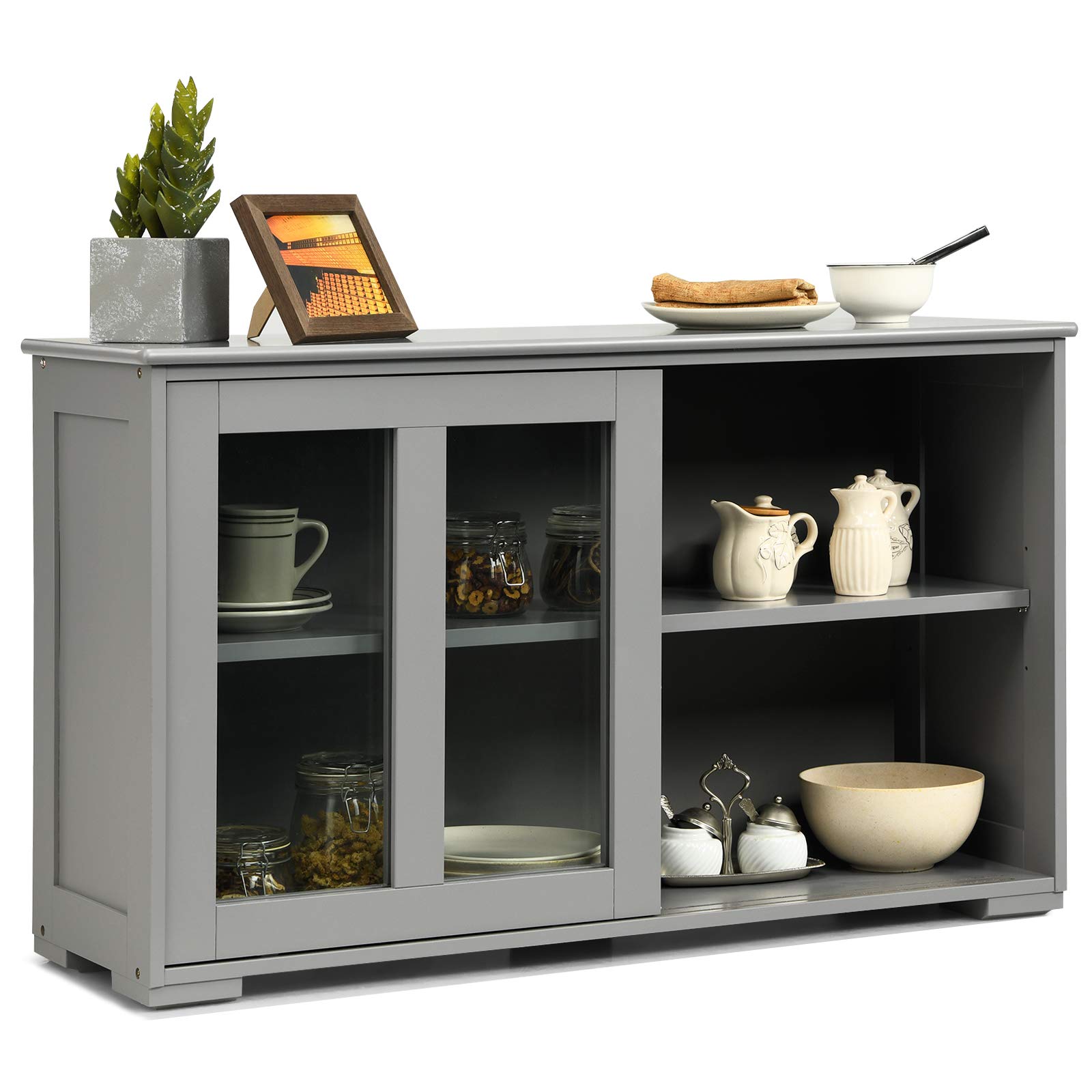 Costzon Wooden Sideboard Buffet Cabinet with Adjustable Shelf & Sliding Glass Doors - Kitchen Storage Cabinet, Coffee Bar Console Table for Living Room, Dining Room, Hallway - Perfect for Home Decor & Entertaining (Grey)