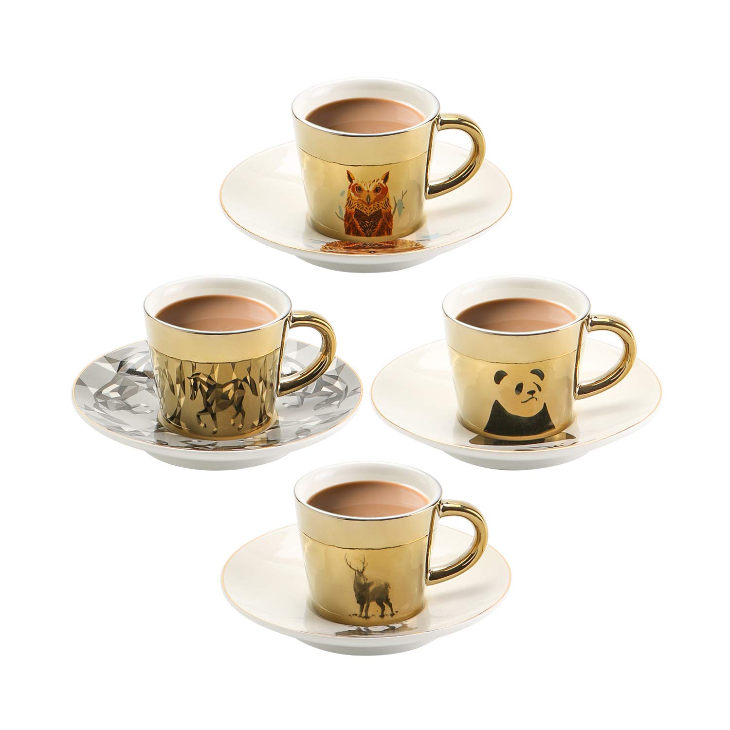 Handmade Gold Mirror Coffee Cups and Saucers Set of 4 - Unique Design 90ml (3.04oz) Coffee Mugs for Couples, Romantic Gifts for Anniversary, Valentine's Day & Special Occasions - Perfect for Coffee, Tea or Dessert Serving