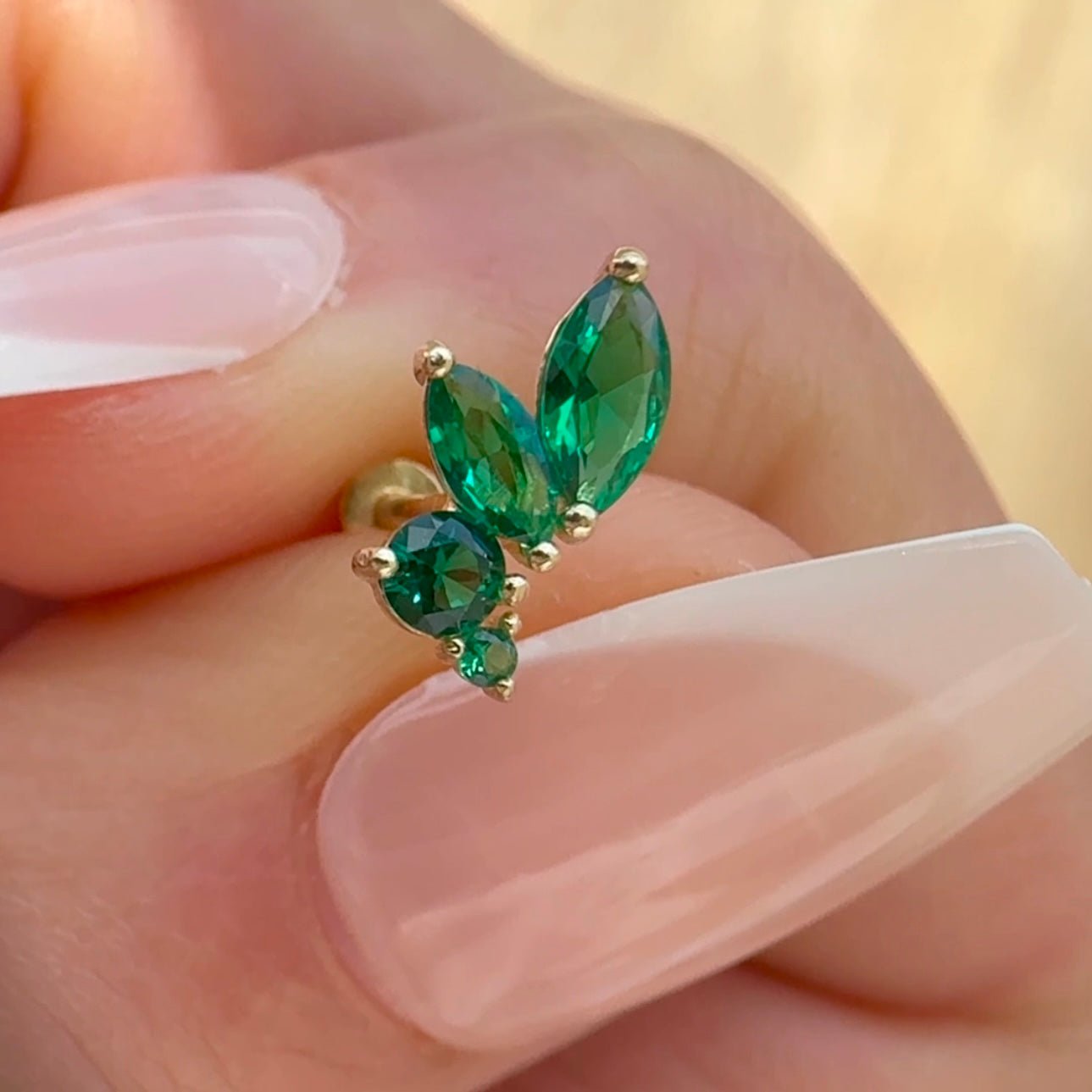 14K Yellow Gold Marquise Green Emerald Stud Earrings – Dainty Wing Flat Back Design for Women, Perfect for Weddings, Parties & Everyday Wear