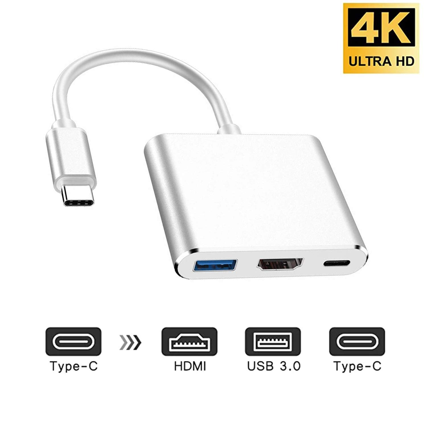 3-in-1 USB C Hub with HDMI 4K, USB 3.0 & PD Charging - for MacBook, iMac, Chromebook - Home & Office Use