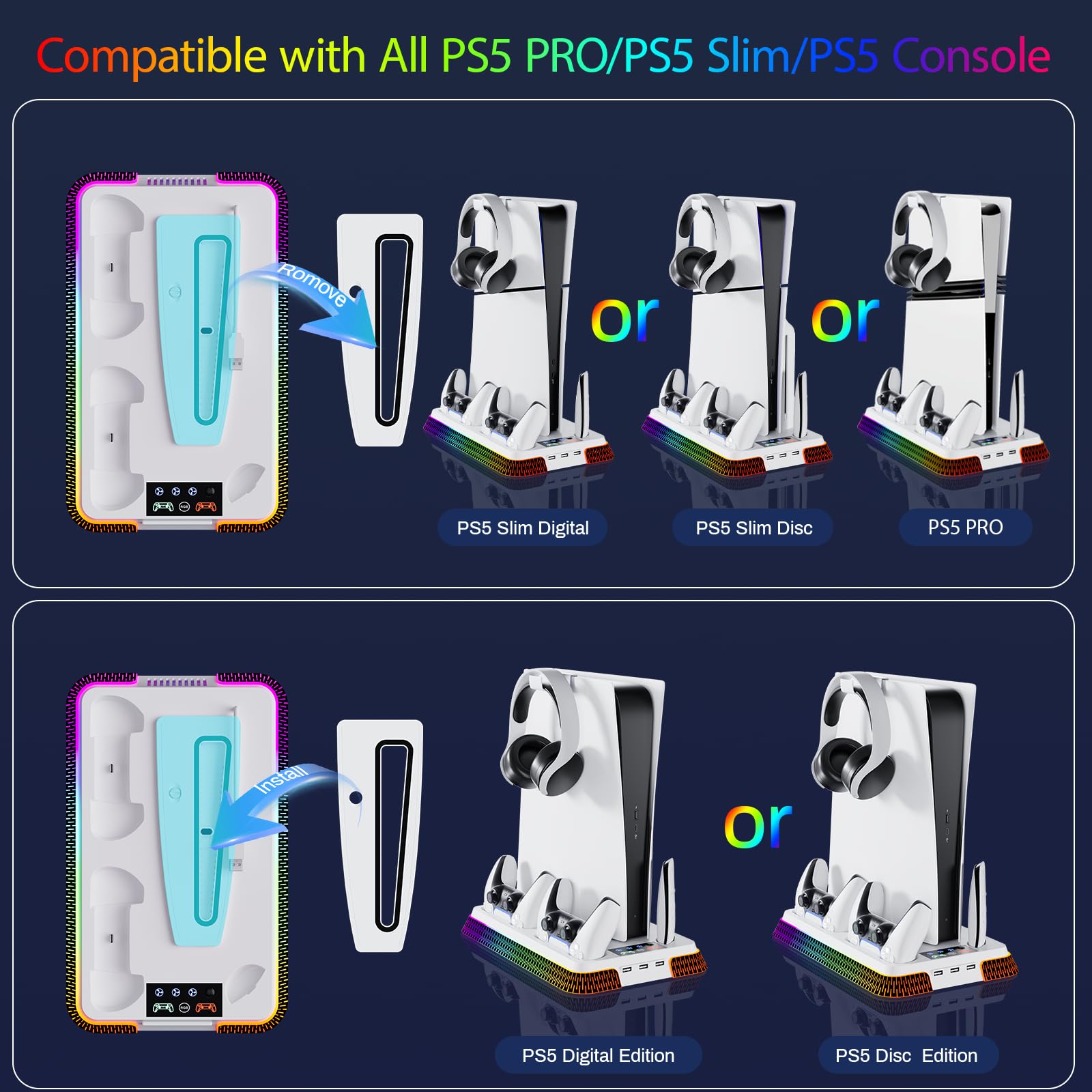 PS5 Cooling Stand with RGB Lights & Turbo Fan - Dual Charging Station & Headset Holder for PlayStation 5 Digital/Disc Edition - Vertical Gaming Stand with 3-Speed Cooling System - Perfect for Long Gaming Sessions & Console Protection