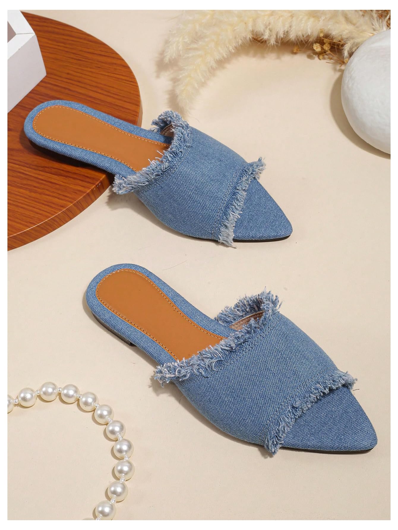 Verdusa Women's Pointed Toe Denim Flat Sandals - Slip On Open Toe Summer Shoes for Casual Wear, Beach & Outdoor Activities