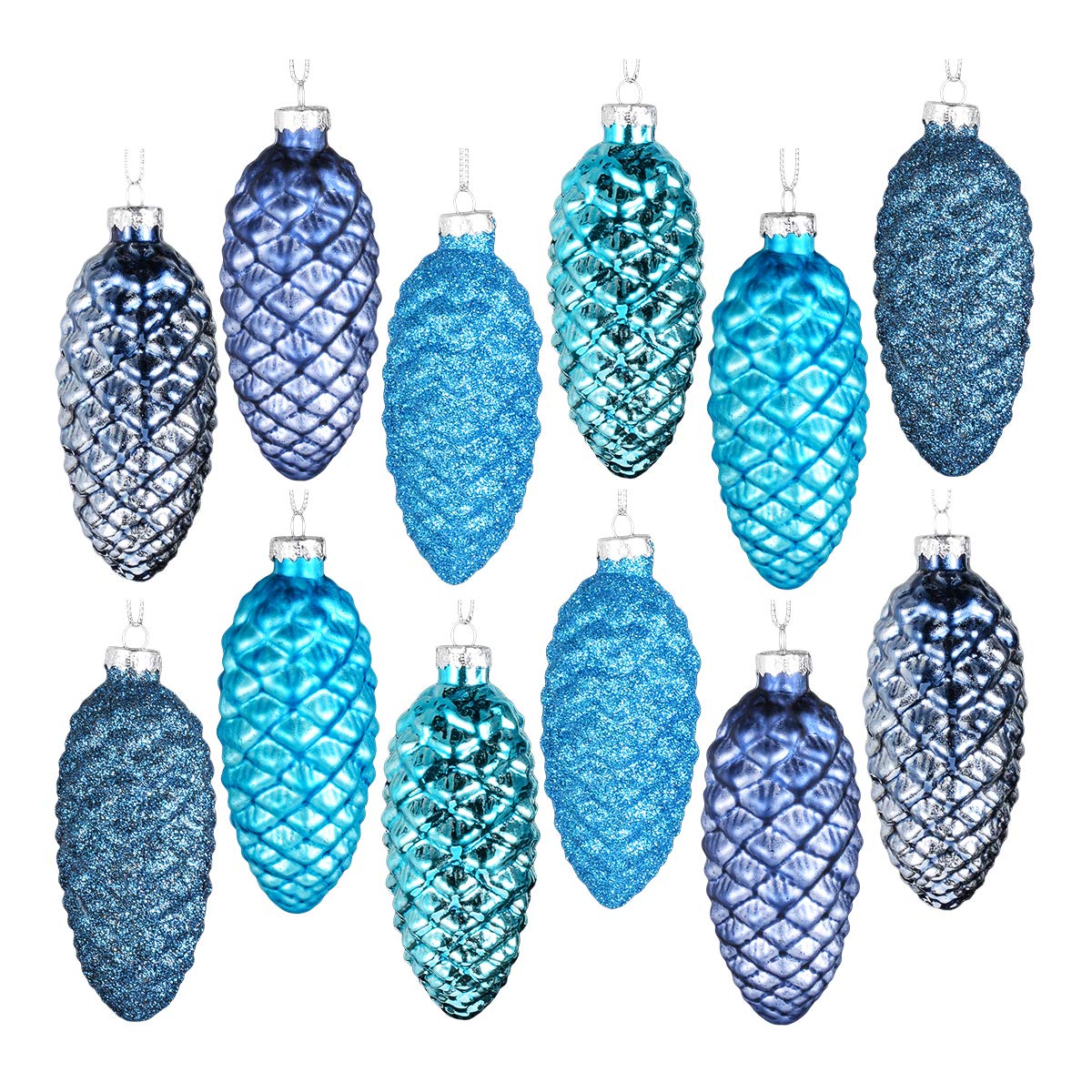 Ecosides 12-Piece Blue Painted Glass Pine Cone Christmas Ornaments - Handmade Hanging Decorations for Holiday Tree, Home, and Festive Party Decorations | Perfect for Christmas, Winter, and Seasonal Celebrations