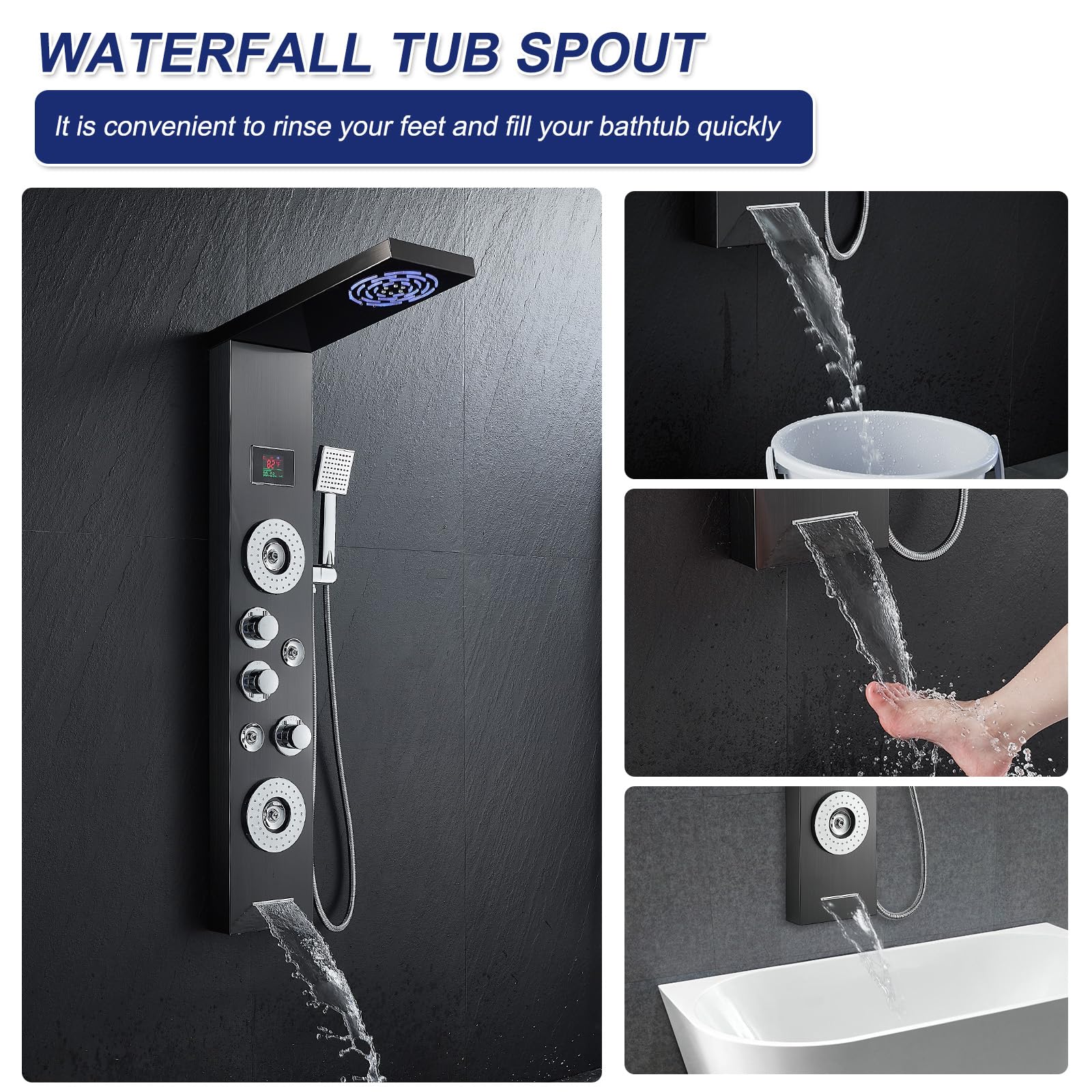 ROVATE 6-in-1 LED Shower Panel Tower System with Rainfall Shower Head, Body Jets, Handheld Spray & Digital Temperature Display - High Pressure Black Shower Column with Tub Spout for Luxury Bathroom Renovation & Spa Experience