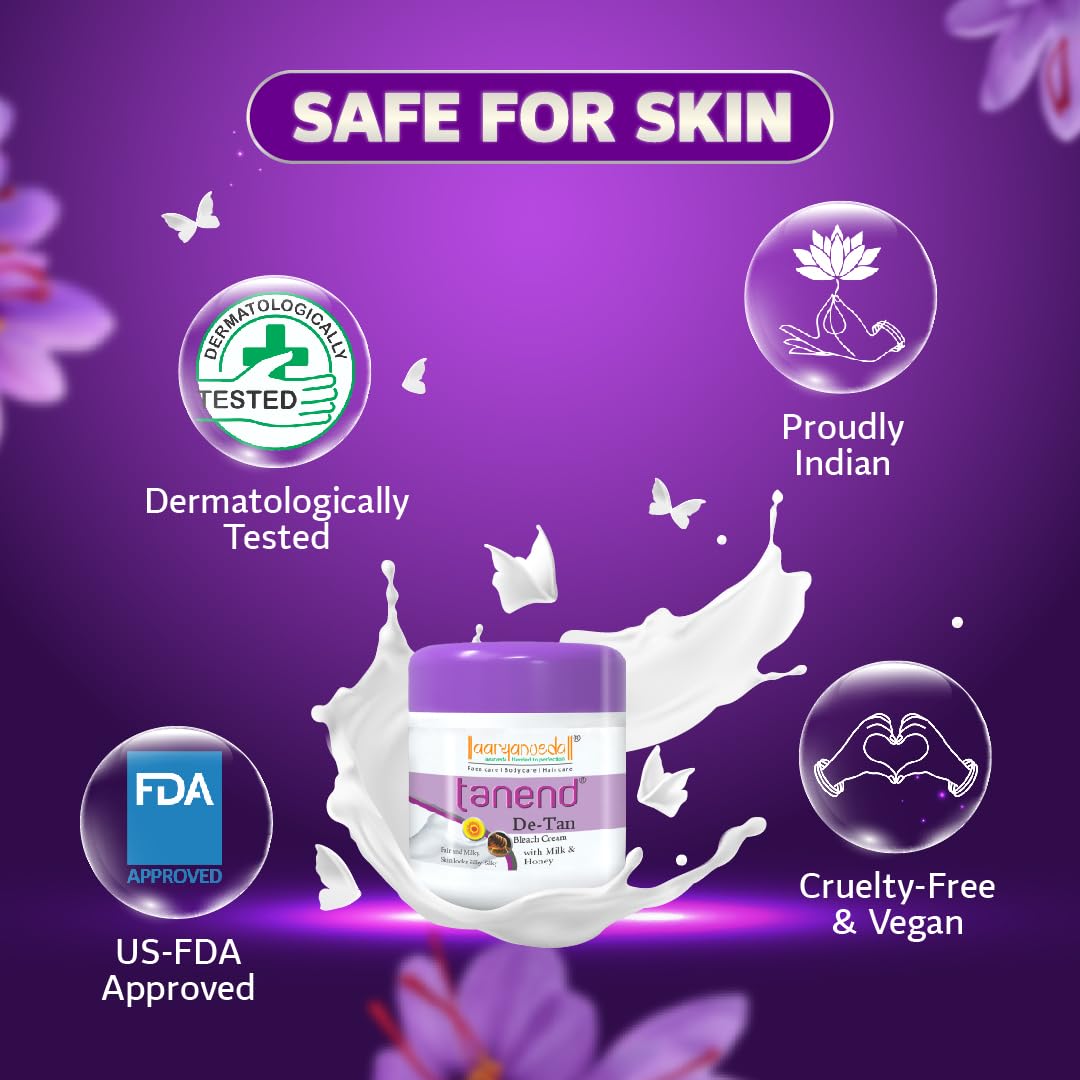 Aryanveda De-Tan Bleach Cream with Milk & Honey - Brightens Skin, Removes Sun Tan & Dark Spots, Tightens Pores for Smooth Glowing Skin - Face & Body Care for Men & Women (450g) - Perfect for Post-Sun Exposure & Daily Skin Brightening Routine