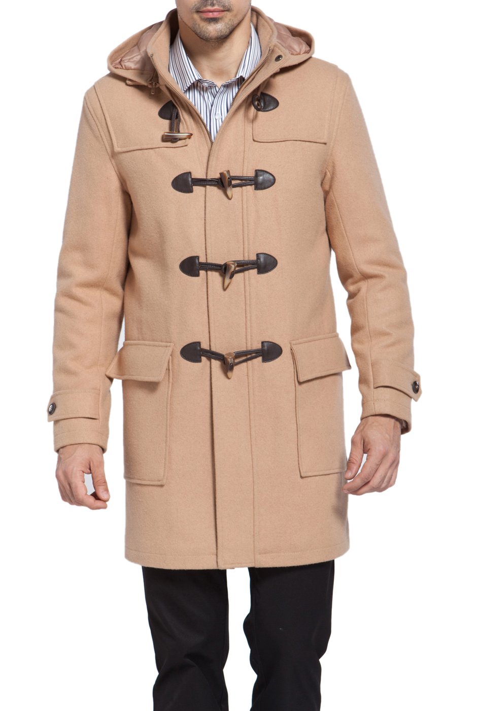 BGSD Men's Benjamin Wool Blend Single Breasted Hooded Duffle Coat - Winter Warm Toggle Jacket for Walking & Outdoor Activities (Available in Big & Tall Sizes) - Perfect for Casual Wear, Commuting and Cold Weather Protection