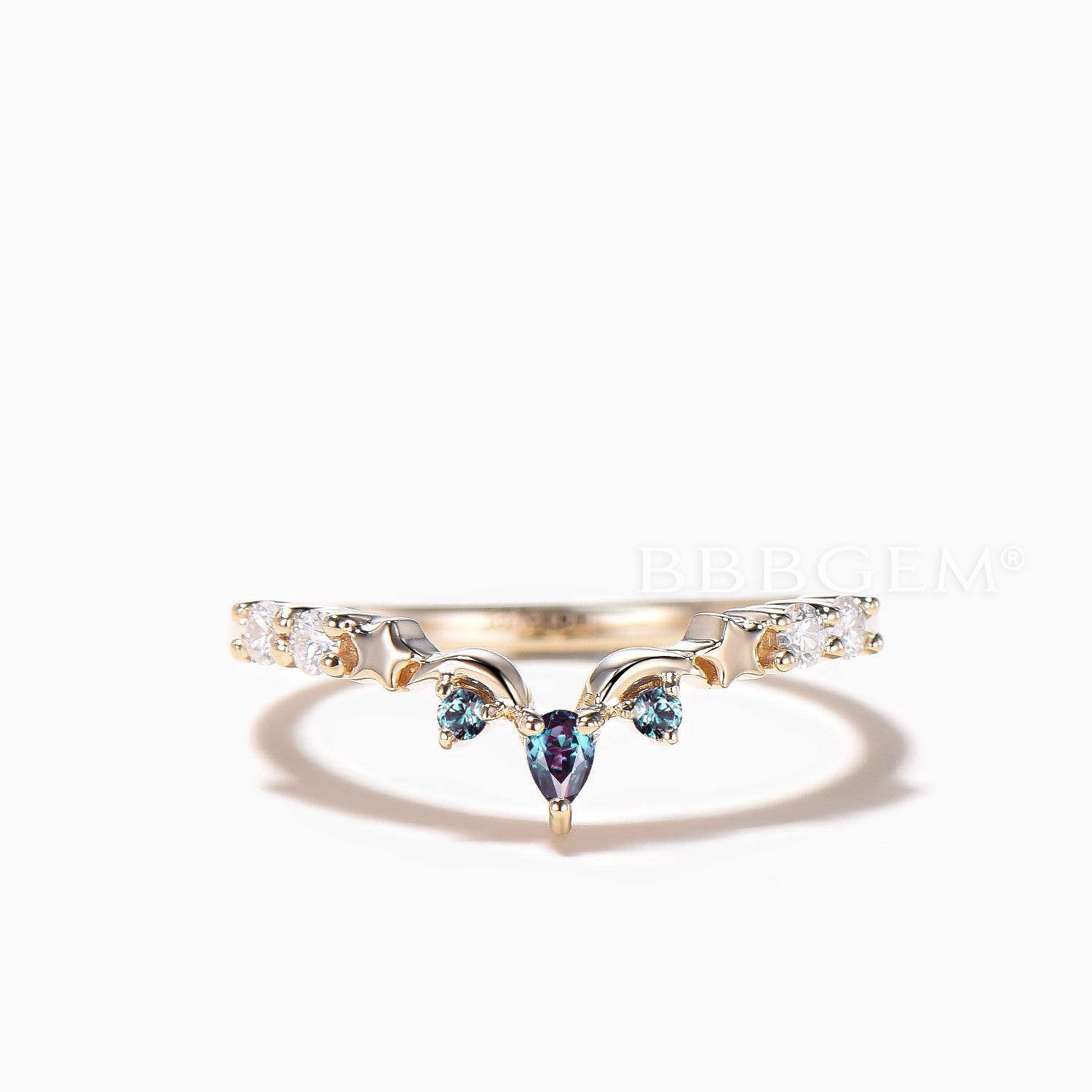 Teardrop Cut Color Changing Alexandrite Wedding Ring with Diamond Accents - Celestial Curved Band for Engagement, Anniversary & Special Occasions