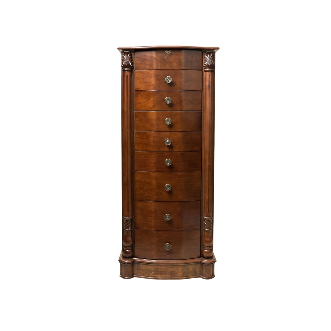 Alveare Home Louisa Standing Locking Jewelry Armoire - Walnut Wood Storage Cabinet with Mirror, 8 Drawers, Necklace Hooks & Ring Rolls - Secure Jewelry Organizer for Bedroom, Closet or Dressing Room