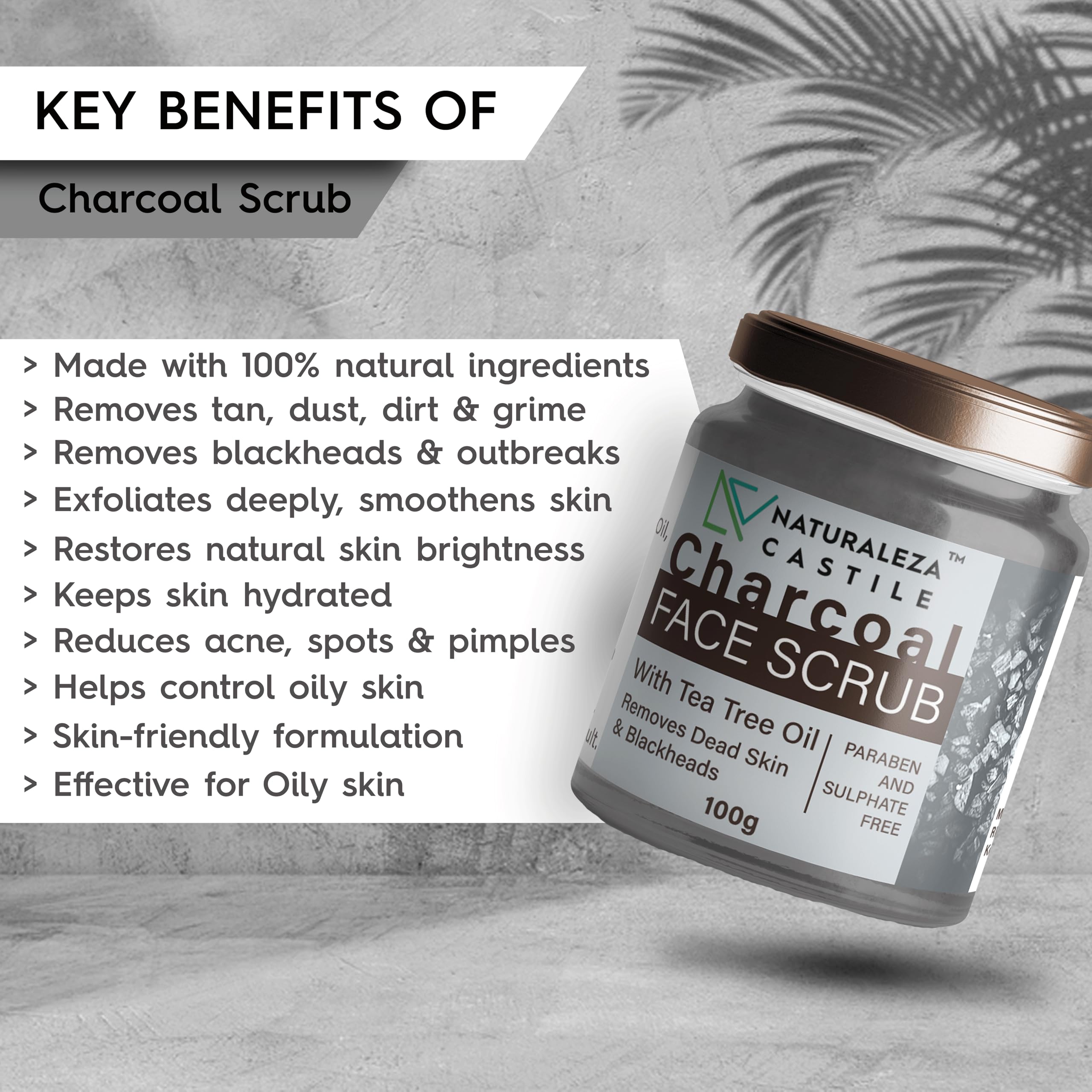Natural Charcoal & Tea Tree Oil Face Scrub (100g) - Deep Cleansing, Blackhead Removal & Exfoliating Facial Cleanser for Face, Neck & Body | Perfect for Acne-Prone Skin & Daily Skincare Routine