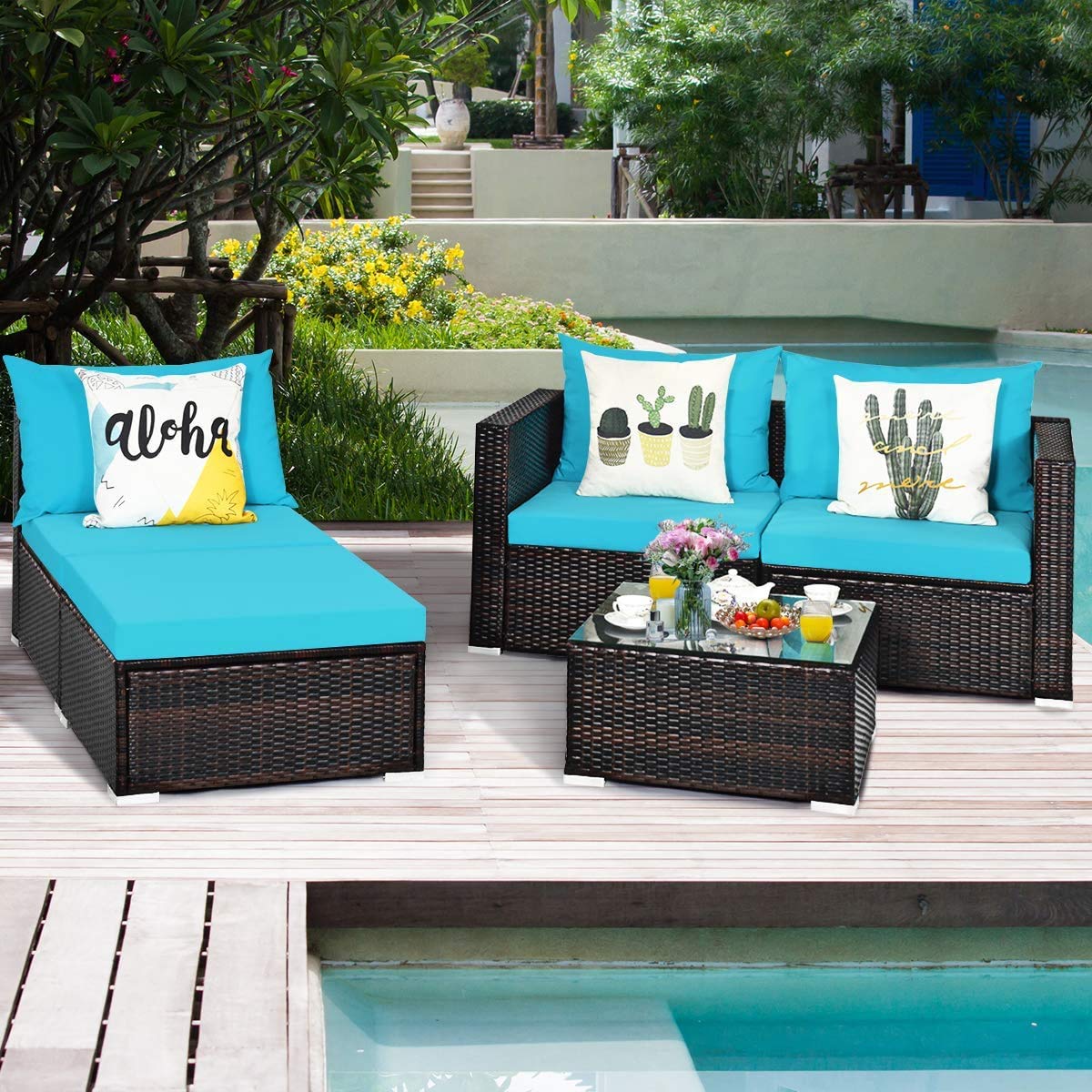 5-Piece Patio Conversation Set - Rattan Wicker Outdoor Sectional Sofa with Coffee Table & Cushions - Perfect for Garden, Lawn, Porch & Backyard Relaxation