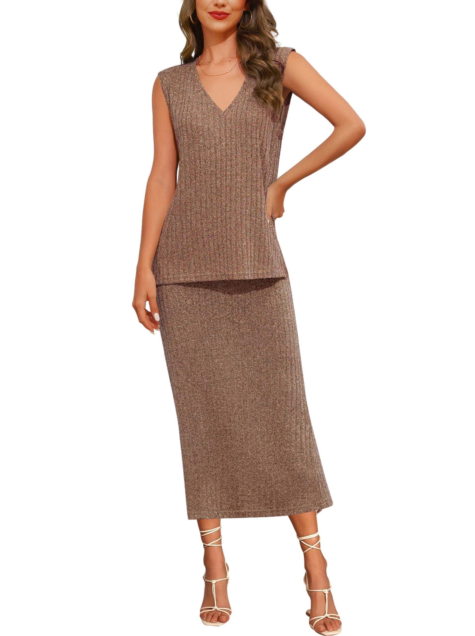 Women's Summer 2 Piece Outfit - Ribbed Knit V-Neck Sleeveless Vest Top & Elastic Waist Midi Skirt Set | Casual Vacation Outfit, Lounge Wear, Beach Cover Up, Brunch Outfit