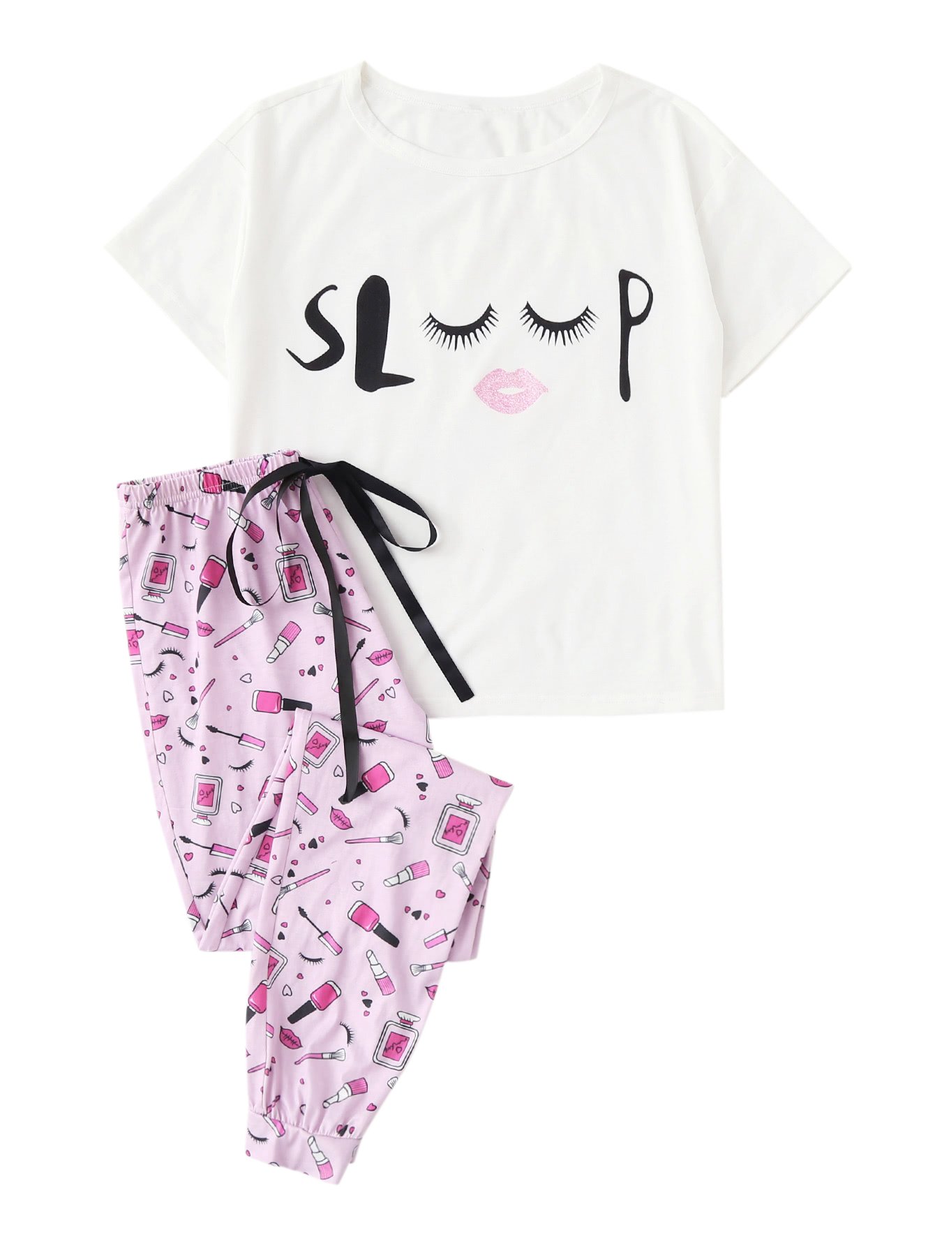 WDIRARA Women's Pajama Set - Soft Sleepwear with Closed Eyes Print, Short Sleeve Tee and Lounge Pants for Comfortable Nightwear & Relaxing at Home