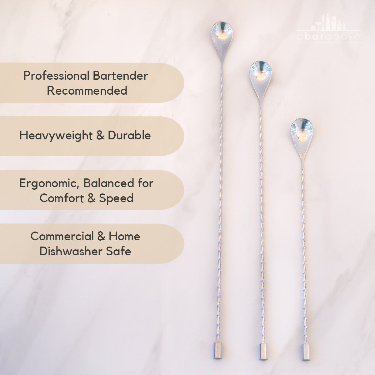 Premium Stainless Steel Bar Spoons - 12 Inch Long Mixing Spoon for Cocktails, Coffee, and Kitchen Use - Ideal for Bartending, Home Bars, and Professional Drink Mixing