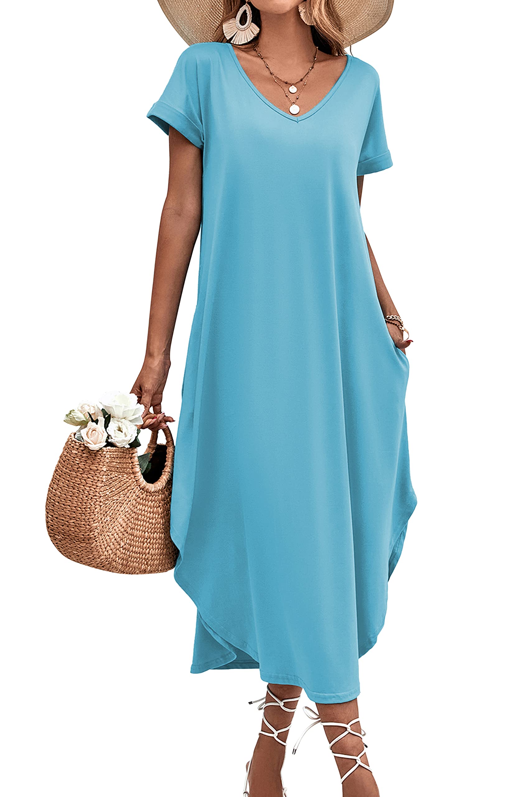 Ekouaer Women's V-Neck Short Sleeve Nightgown - Soft Sleepwear with Side Split Pockets, Long Nightdress Sizes S-3XL - Perfect for Sleeping, Lounging & Maternity Comfort
