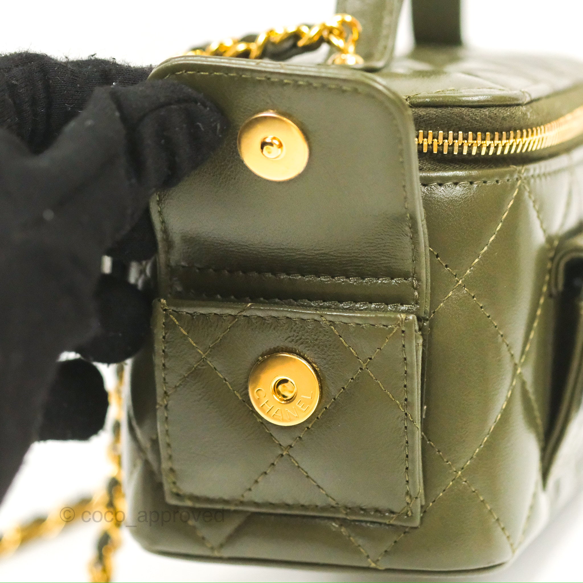 Chanel 22K Khaki Green Lambskin Cargo Pocket Top Handle Vanity Bag with Chain - Luxury Crossbody Purse for Women, Perfect for Date Night & Evening Events