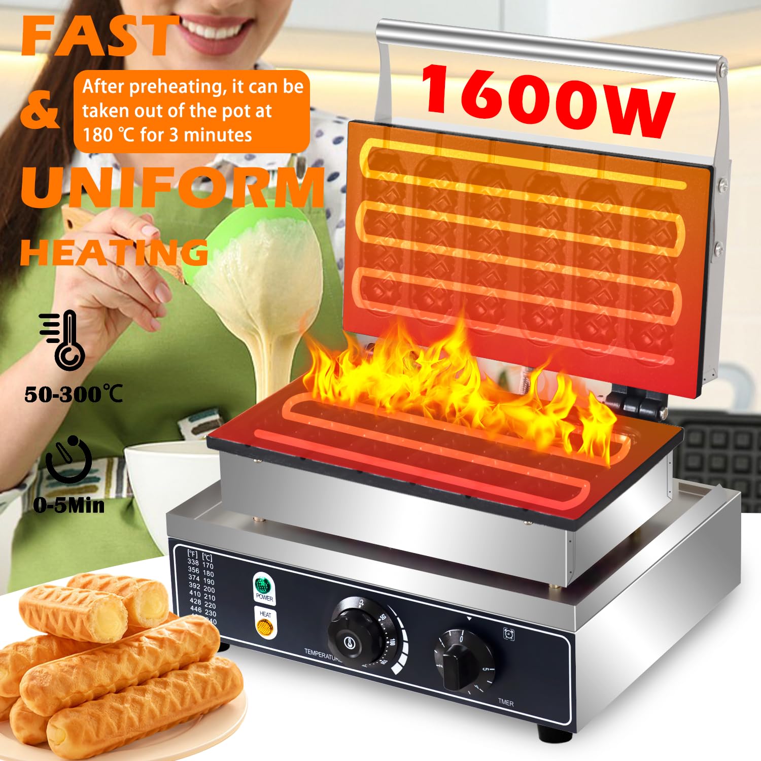 Commercial Corn Dog Waffle Maker 1600W - 6 Slice Non-Stick Stainless Steel Waffle Iron with Temperature & Time Control - Perfect for Restaurants, Bakeries, Snack Bars & Home Use - Make Delicious Corn Dog Waffles with Lolly Sticks for Parties, Events & Quick Snacks