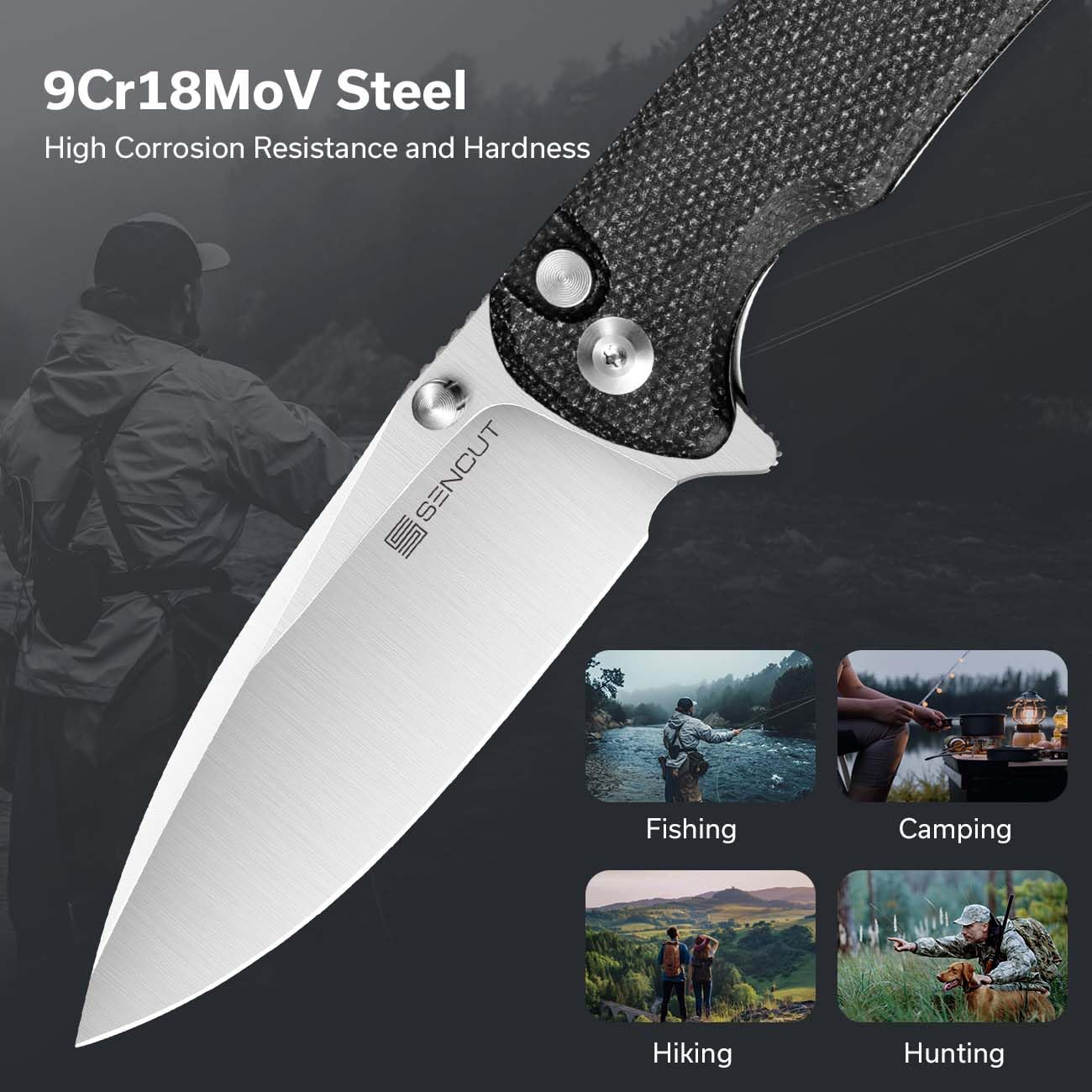 SENCUT Sachse Folding Pocket Knife - 9Cr18MoV Satin Blade, Black Micarta Handle, Button Lock, Clip for EDC | Compact Everyday Carry Knife for Men & Women | Perfect for Camping, Hiking, Survival & Outdoor Activities | Gift Idea S21007-1