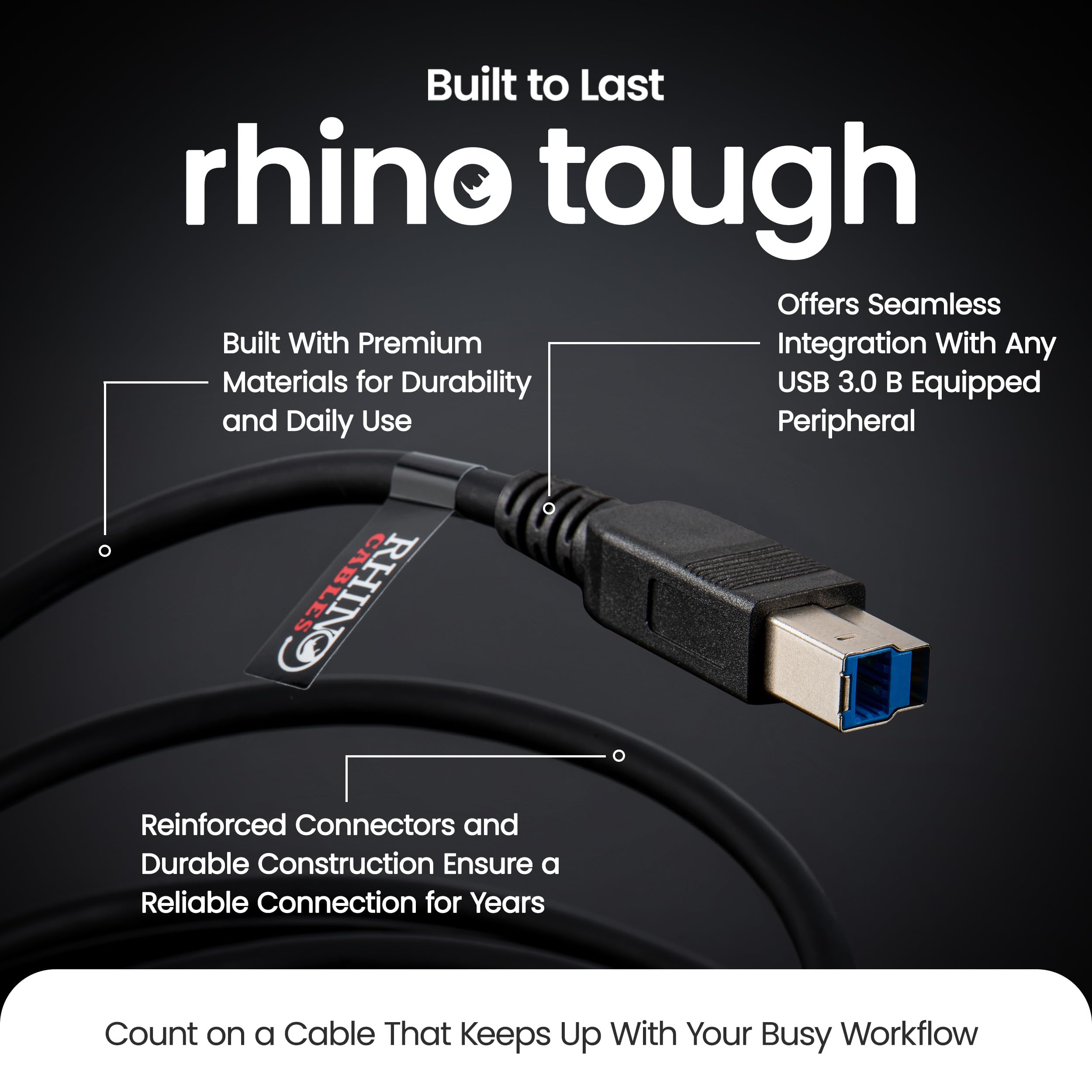 Rhinocables USB 3.0 Printer Cable A Male to B Male 3m - High Speed Data Transfer for Printers, Scanners, External Hard Drives - Compatible with HP, Brother, Dell, Epson (Black) | Perfect for Home Office, Small Business & Professional Printing Setup